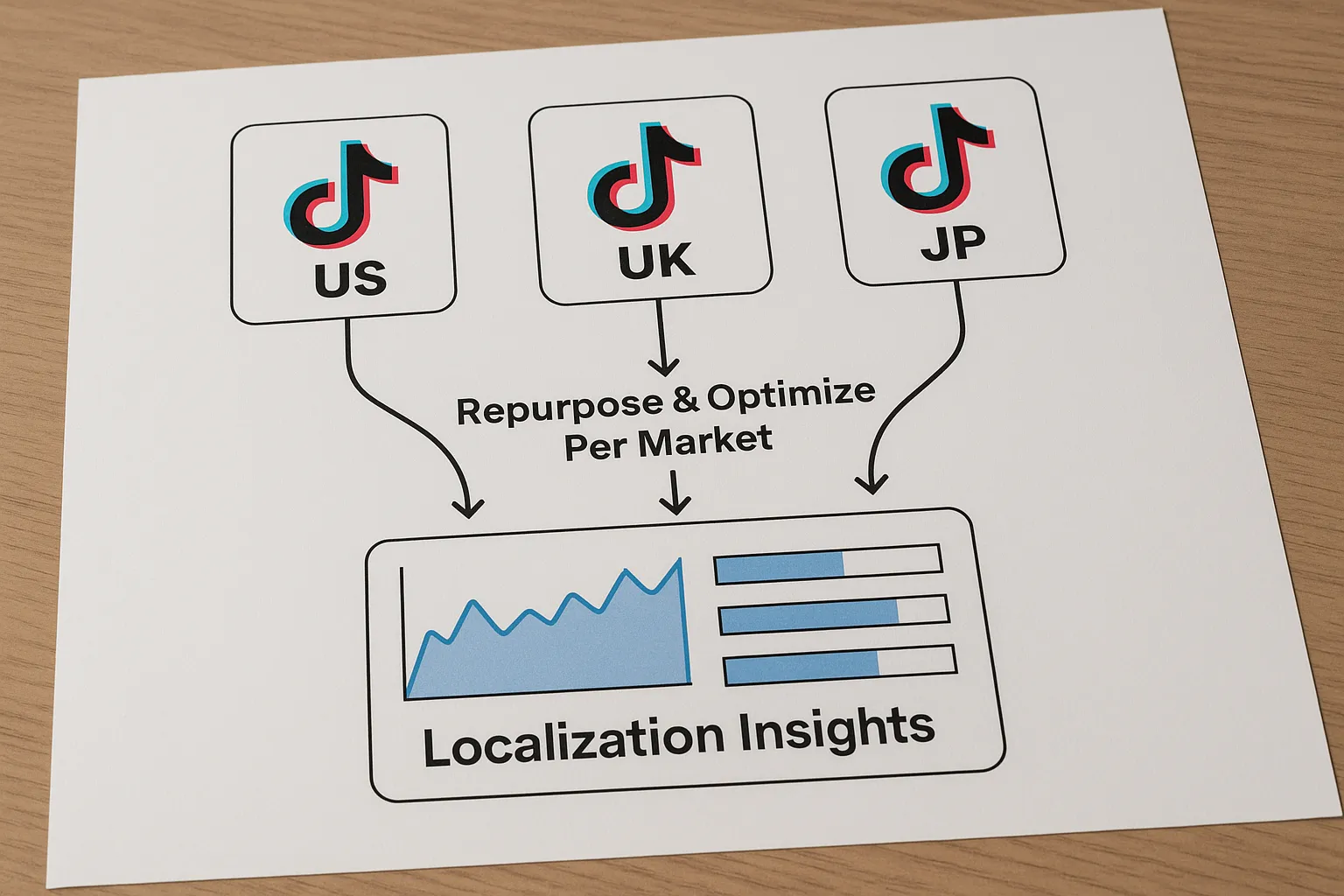 A simplified flowchart showing three parallel TikTok accounts (US, UK, JP) feeding performance data into one central dashboard labelled 