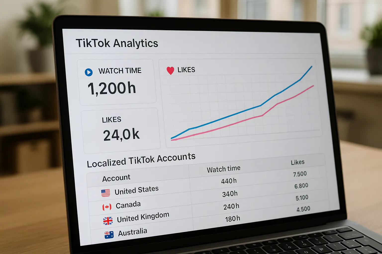 A data dashboard showing a steady upward trend in watch-time and likes on localized TikTok accounts managed through a central platform.