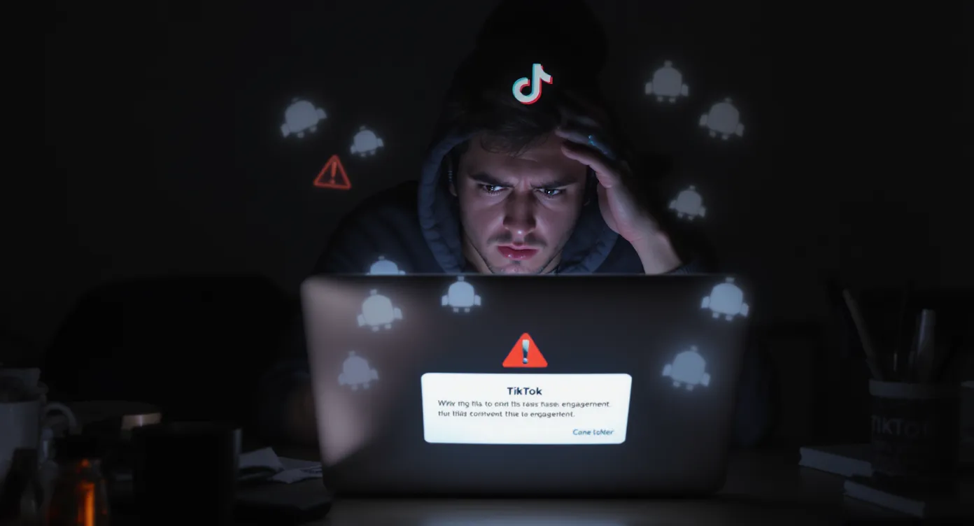 A frustrated content creator staring at a laptop that displays a warning message from TikTok about suspicious engagement, while shadowy bot icons swirl around the screen.