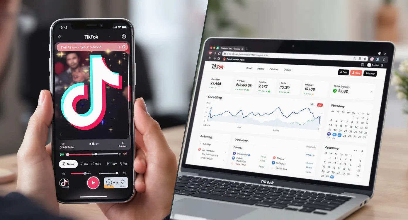 Split-screen illustration: on the left, a smartphone showing the TikTok app’s editing interface with AR effects; on the right, a laptop browser open to TikTok’s web upload dashboard, displaying analytics panels and a scheduling calendar.