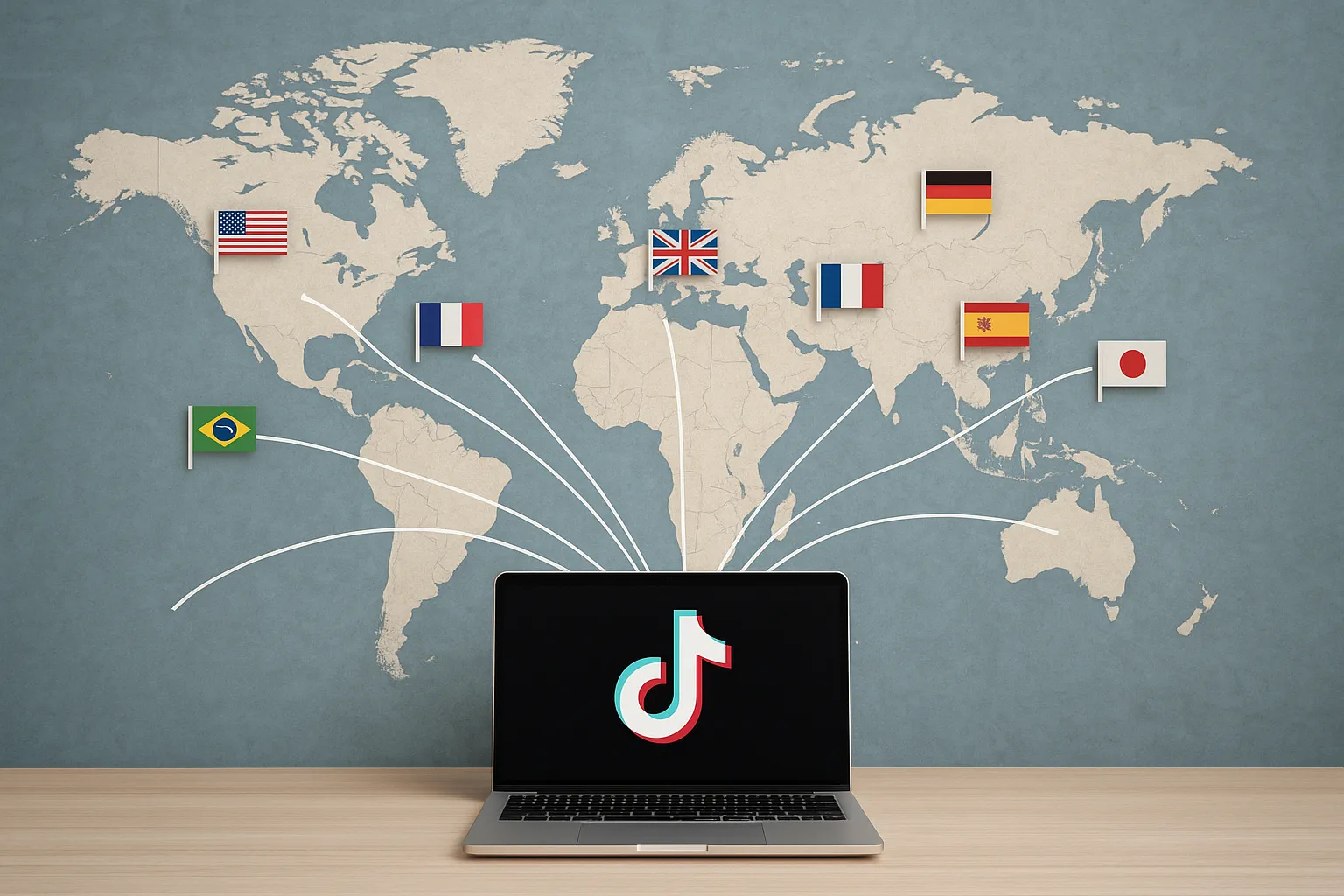 World map visualization showing lines from a central laptop to multiple country flags, symbolizing localized TikTok accounts managed remotely.