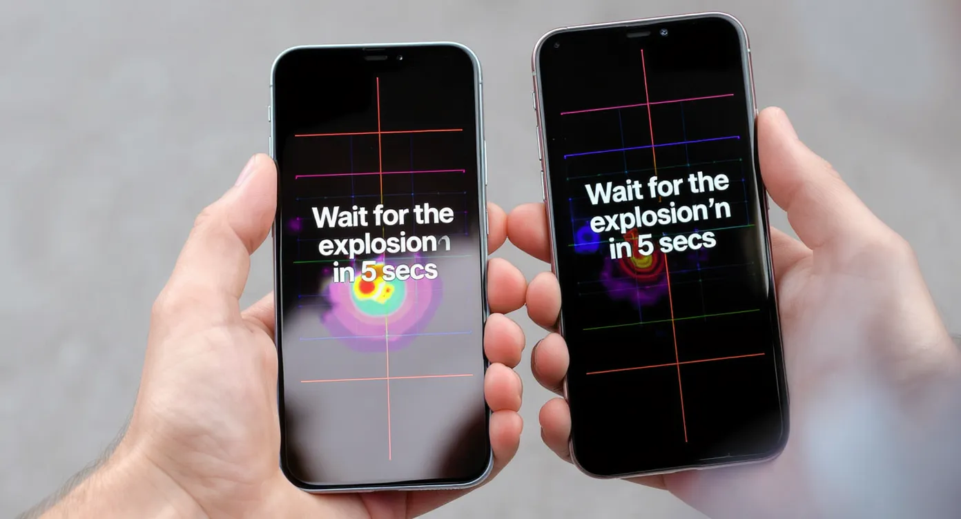 A creator holding two identical smartphones side by side, each showing a different first frame of the same TikTok video. One screen shows bold text “Wait for the explosion in 5 secs,” the other shows no text. Viewers’ eye-tracking heatmaps are overlaid, proving more attention on the text version.