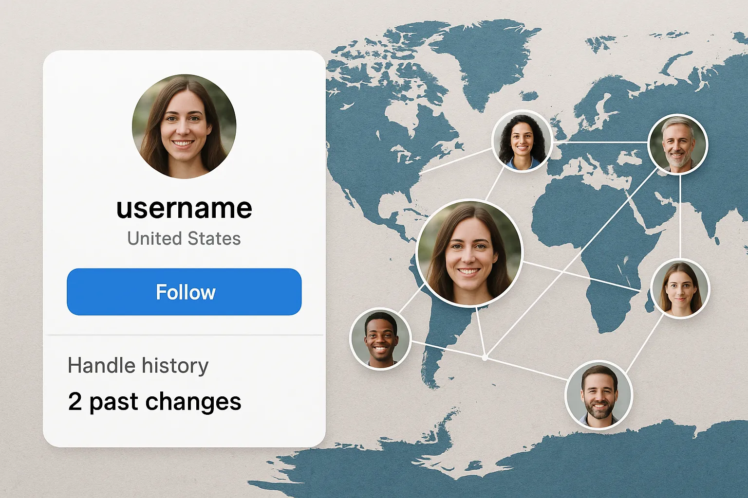 A stylized social media profile mock-up showing a country label beneath the username and a history counter of handle changes. The interface sits beside a world map dotted with profile pictures connected by lines, symbolizing global transparency.
