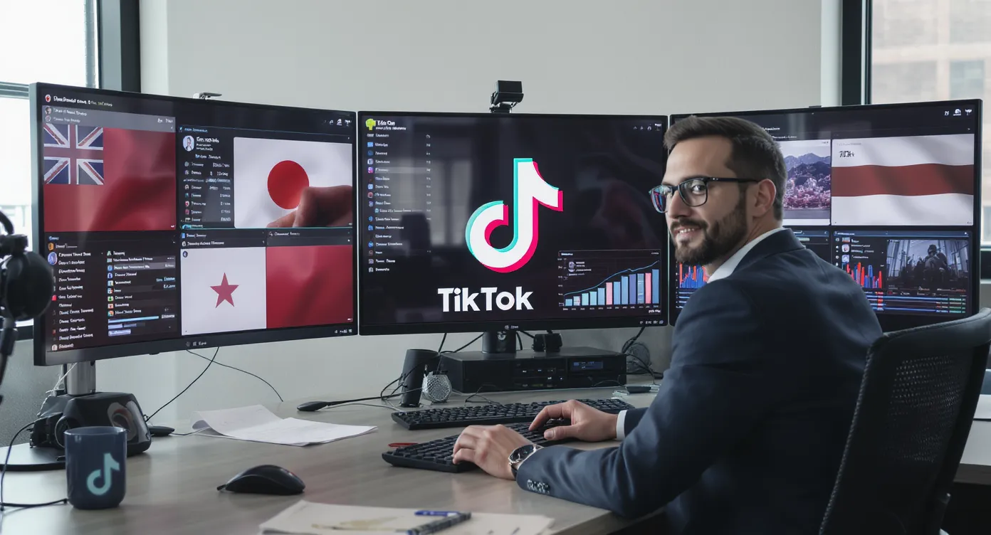 A marketer sits in front of a multi-screen dashboard displaying TikTok analytics for different countries, each screen marked with a national flag, symbolizing localized strategy and transparent reach.