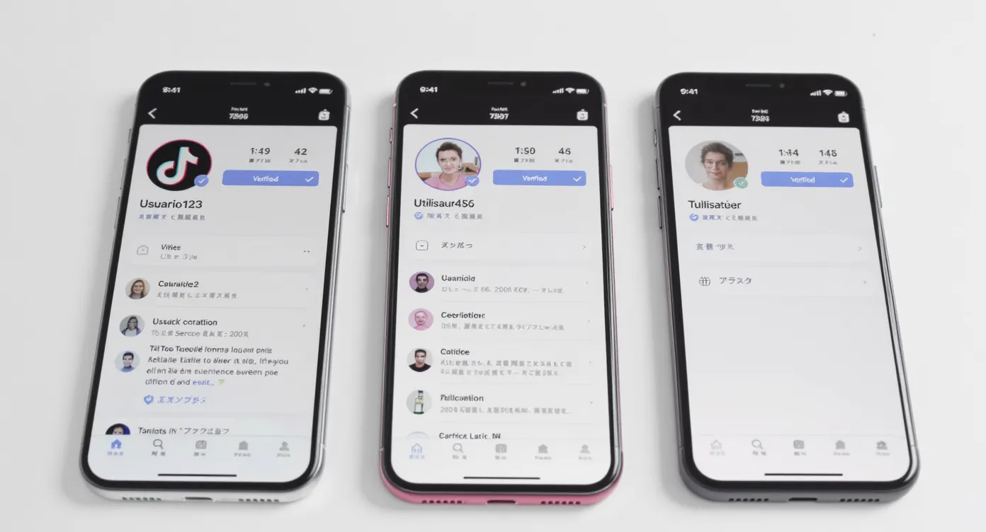 A split-screen graphic showing three smartphones, each displaying a TikTok profile in a different language (Spanish, French, Japanese) with the blue verified checkmark, emphasizing localized credibility.