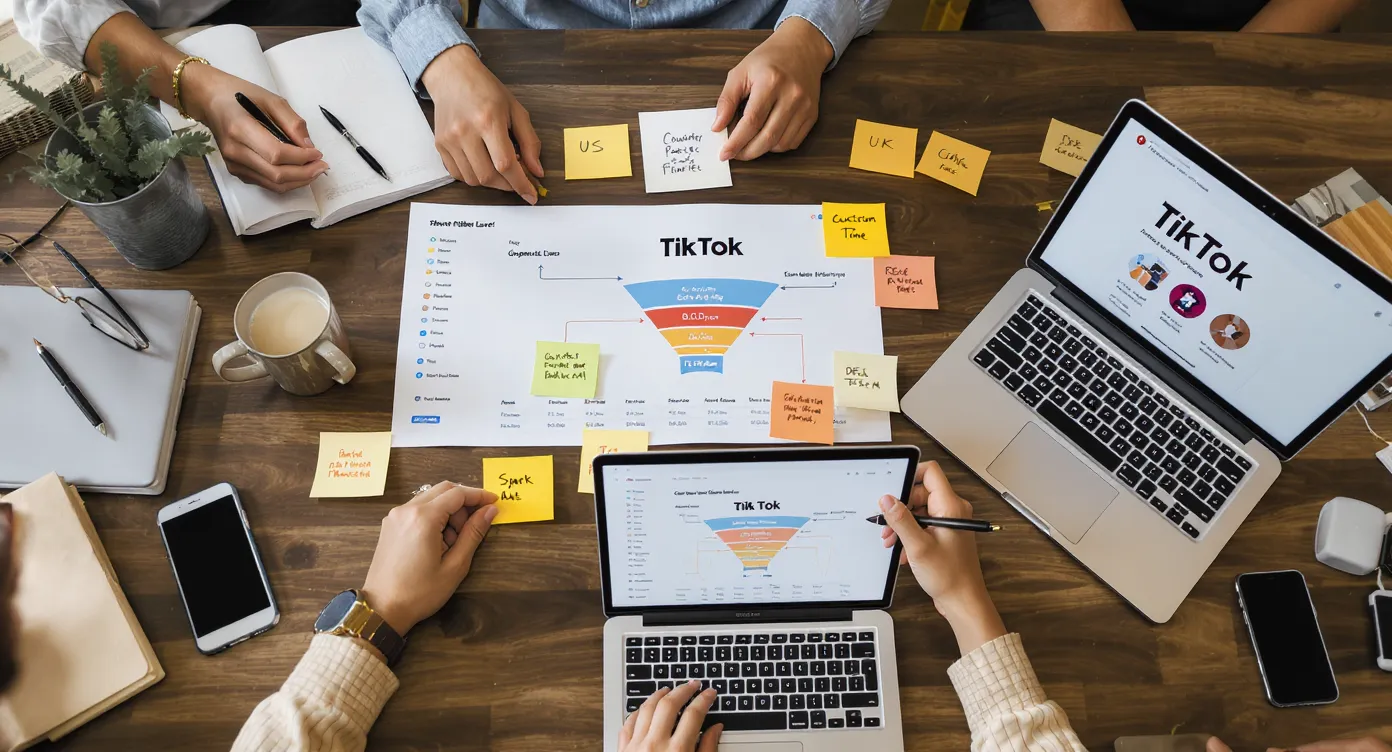 Overhead view of a marketing team reviewing a country-level TikTok dashboard. Sticky notes labeled US, UK, and DE show audience sizes, recent watch time, and conversion rates. A laptop displays a simple funnel with Organic Posts feeding Custom Audiences, then Spark Ads to warm segments.