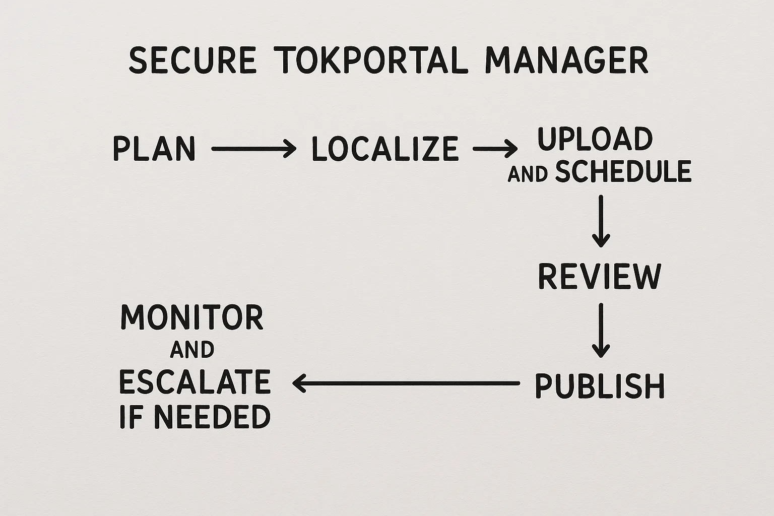 A simple linear diagram showing a secure TokPortal manager workflow with six labeled steps: plan, localize, upload and schedule, review, publish, monitor and escalate if needed, each step connected by arrows.