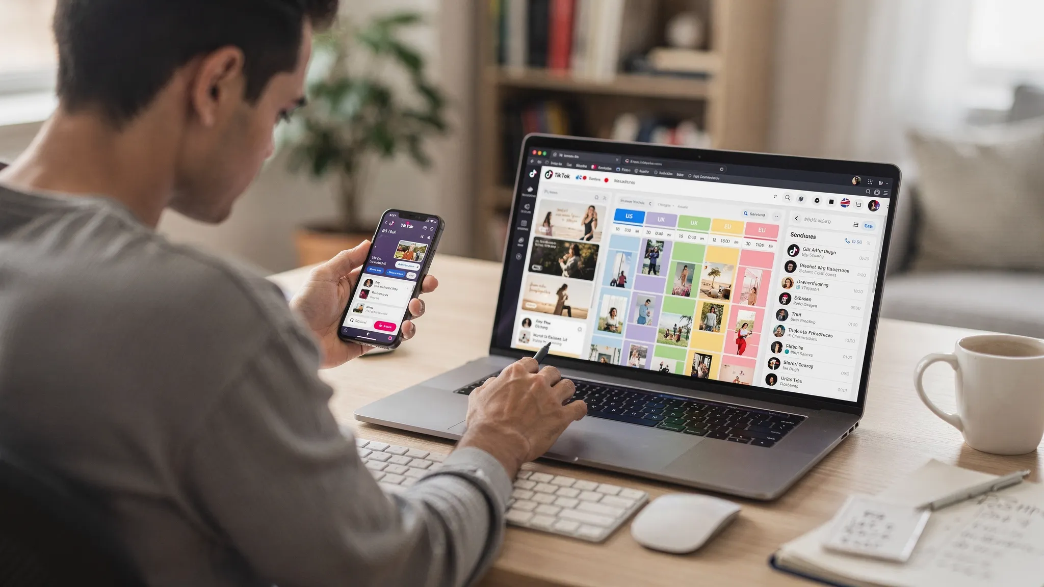 A remote US-based TikTok manager at a home desk with a laptop and phone, reviewing a content calendar and scheduling short videos across multiple local accounts for the US, UK, and EU. Soft daylight, tidy workspace, focused expression.