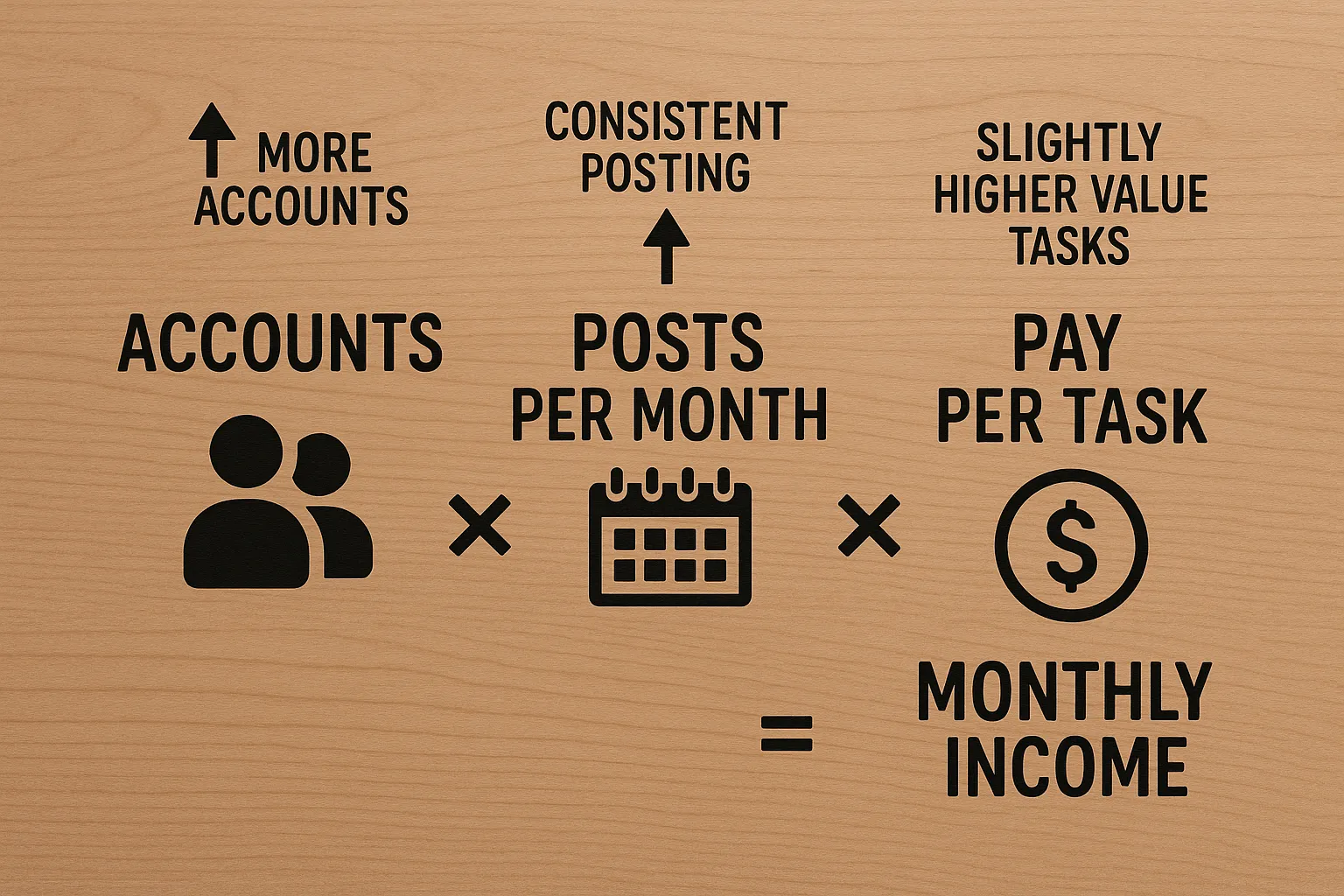 Simple explainer graphic showing the earning formula: accounts multiplied by posts per month multiplied by pay per task equals monthly income, with arrows indicating ways to increase each lever, more accounts, consistent posting, slightly higher value tasks.