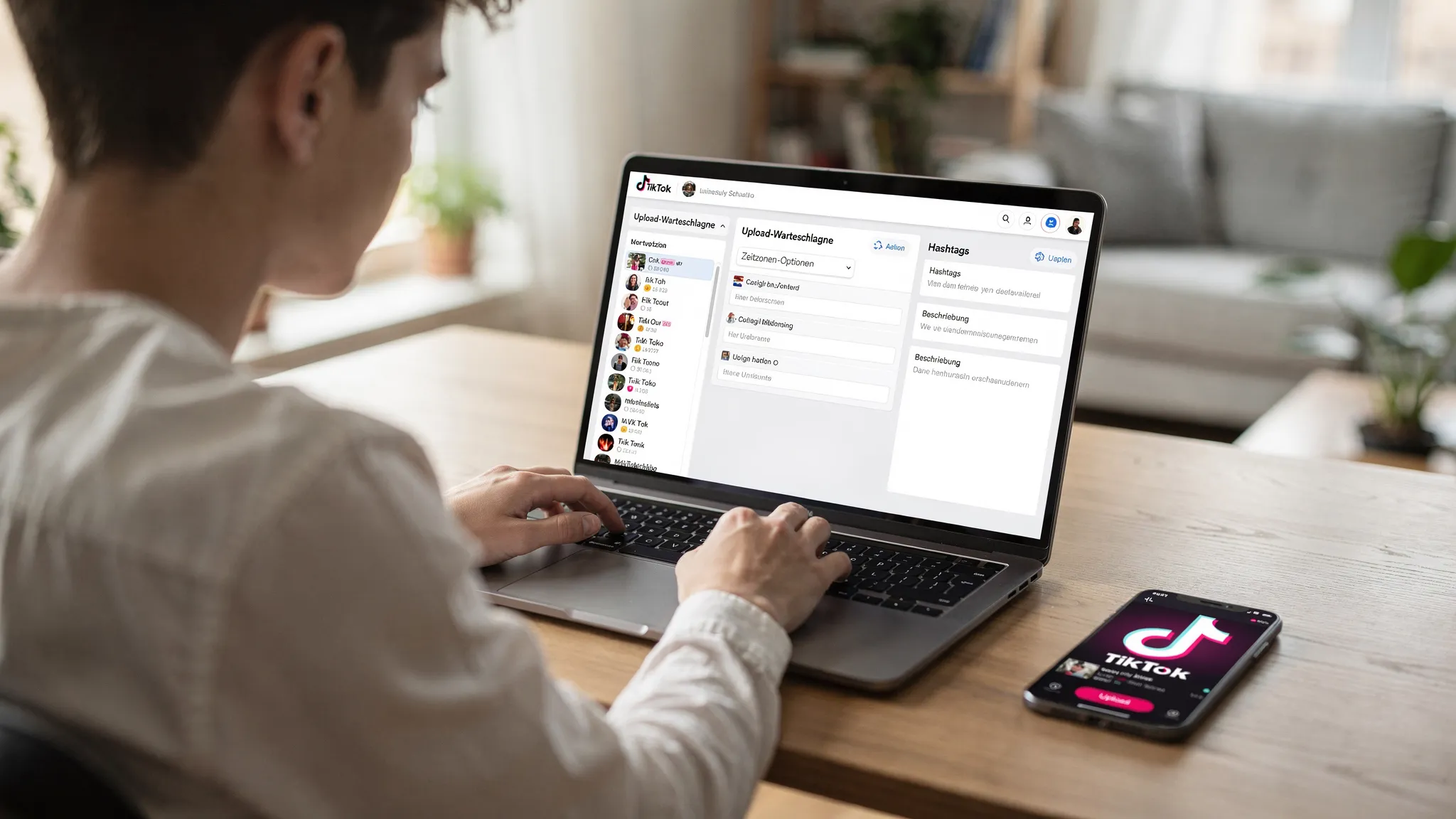 Junge Person arbeitet zu Hause am Laptop, plant TikTok-Uploads in einem Dashboard, neben ihr liegt ein Smartphone mit geöffneter TikTok-App. Auf dem Bildschirm sind eine Upload-Warteschlange, Zeitzonen-Optionen und Hashtag-Felder zu sehen.