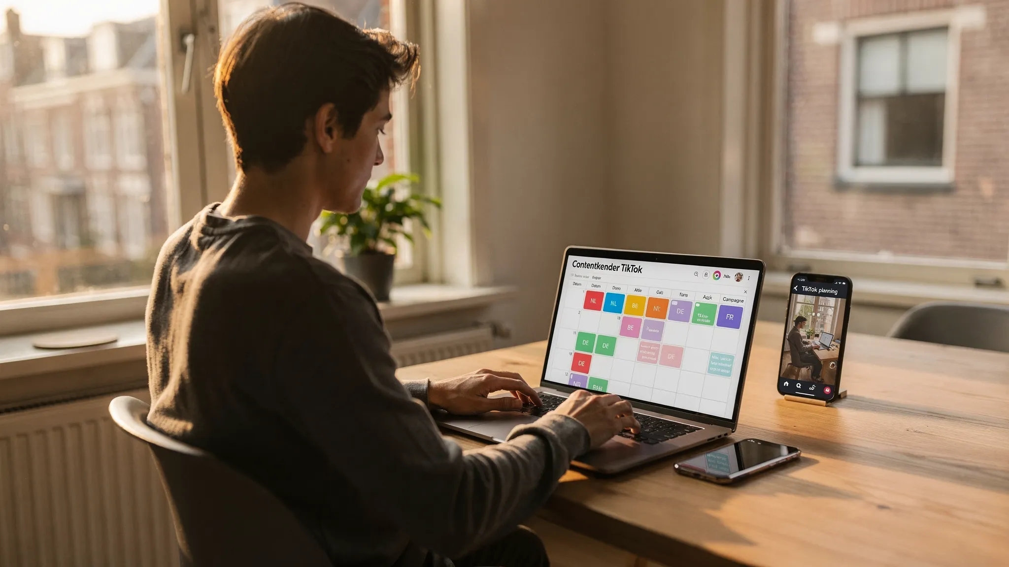 Een jonge professional werkt thuis aan een houten tafel met een laptop en smartphone. Op het scherm staat een contentkalender met geplande TikTok posts voor meerdere landen. Ochtendlicht valt door een raam in een typisch Nederlands appartement.