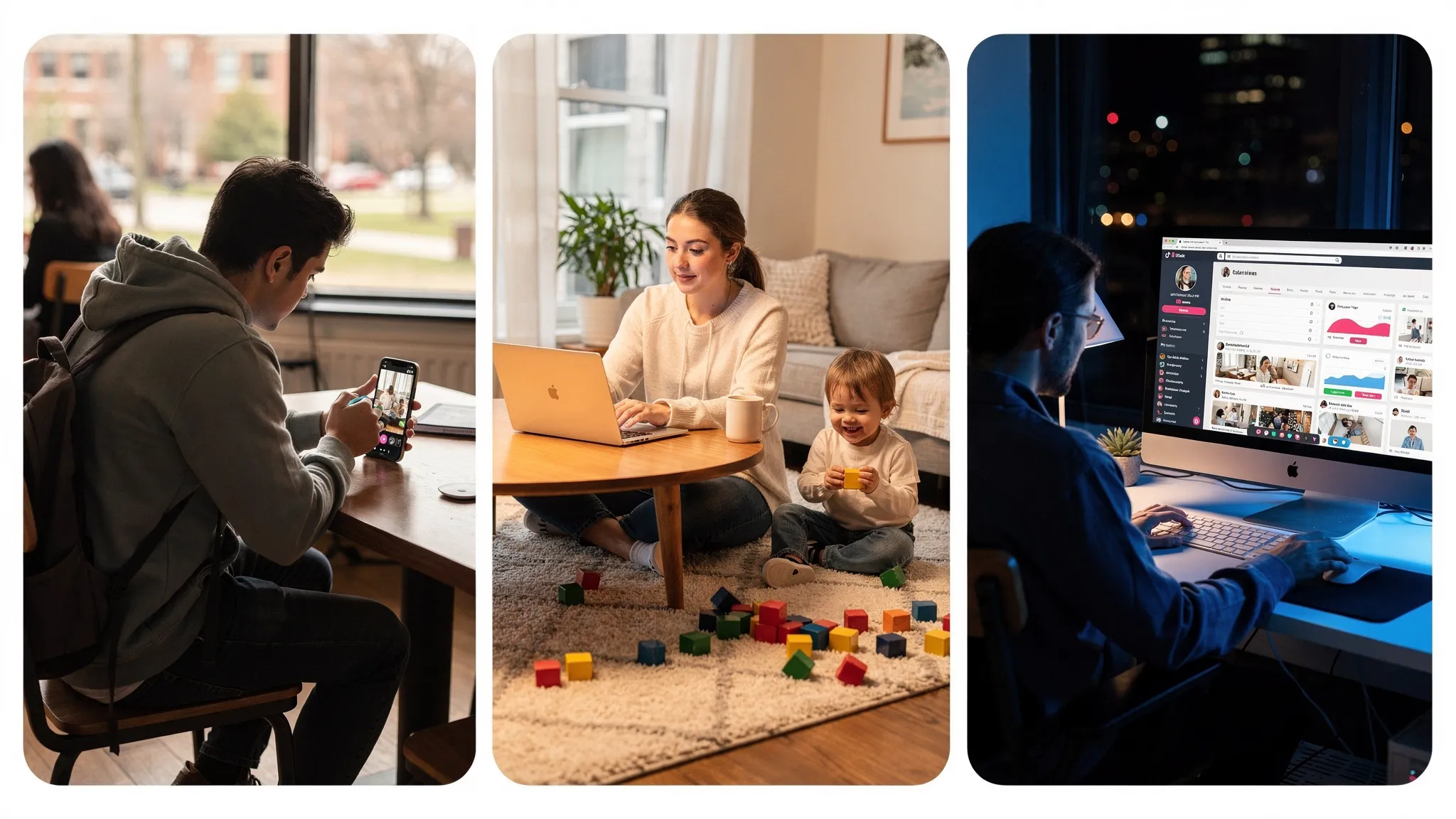 A simple lifestyle collage with a college student editing a short video on a phone, a parent scheduling posts on a laptop while a toddler plays nearby, and a part‑time worker checking a TikTok analytics dashboard at night.