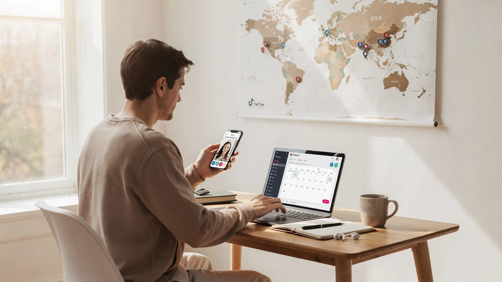 A remote creator sits at a small table near a window with natural light, using a smartphone and a laptop to schedule TikTok posts. A minimalist world map with pins on the USA, UK, and major European cities is visible on the wall, symbolizing cross‑border content management.