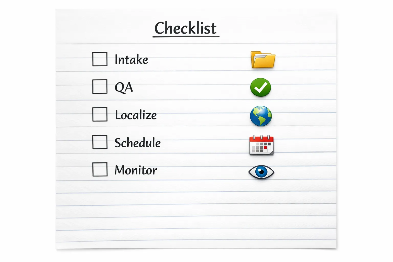 A simple checklist illustration with five items labeled: Intake, QA, Localize, Schedule, Monitor. Next to it are small icons representing a folder, a checkmark, a globe, a calendar, and an eye.