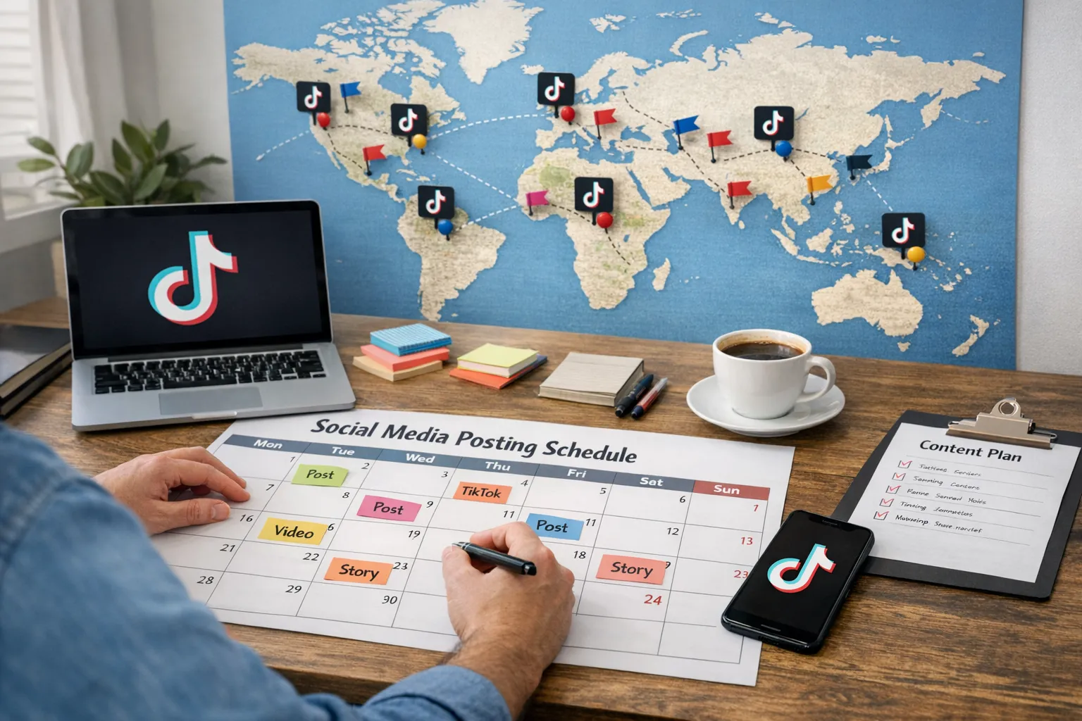 A remote social media operations scene with a manager preparing a posting schedule on a calendar alongside a world map with multiple country pins, representing localized TikTok account publishing workflows.
