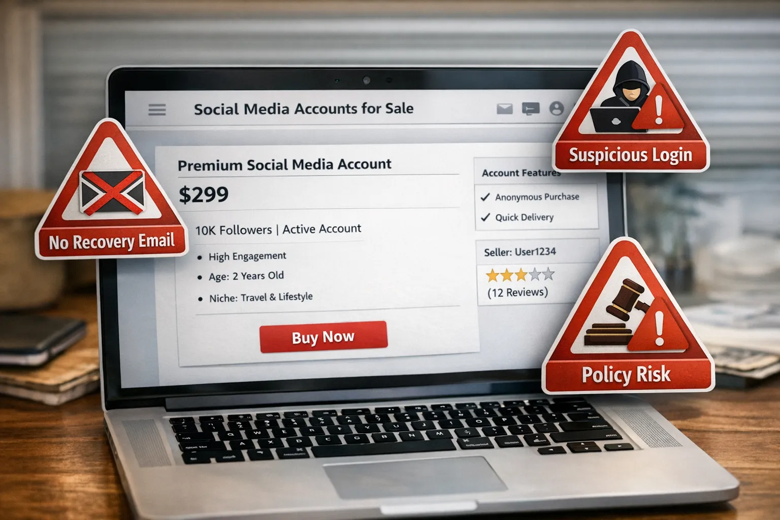 A warning-themed illustration showing a generic social media account listing marketplace with red flags like “no recovery email,” “suspicious login,” and “policy risk” icons around it.