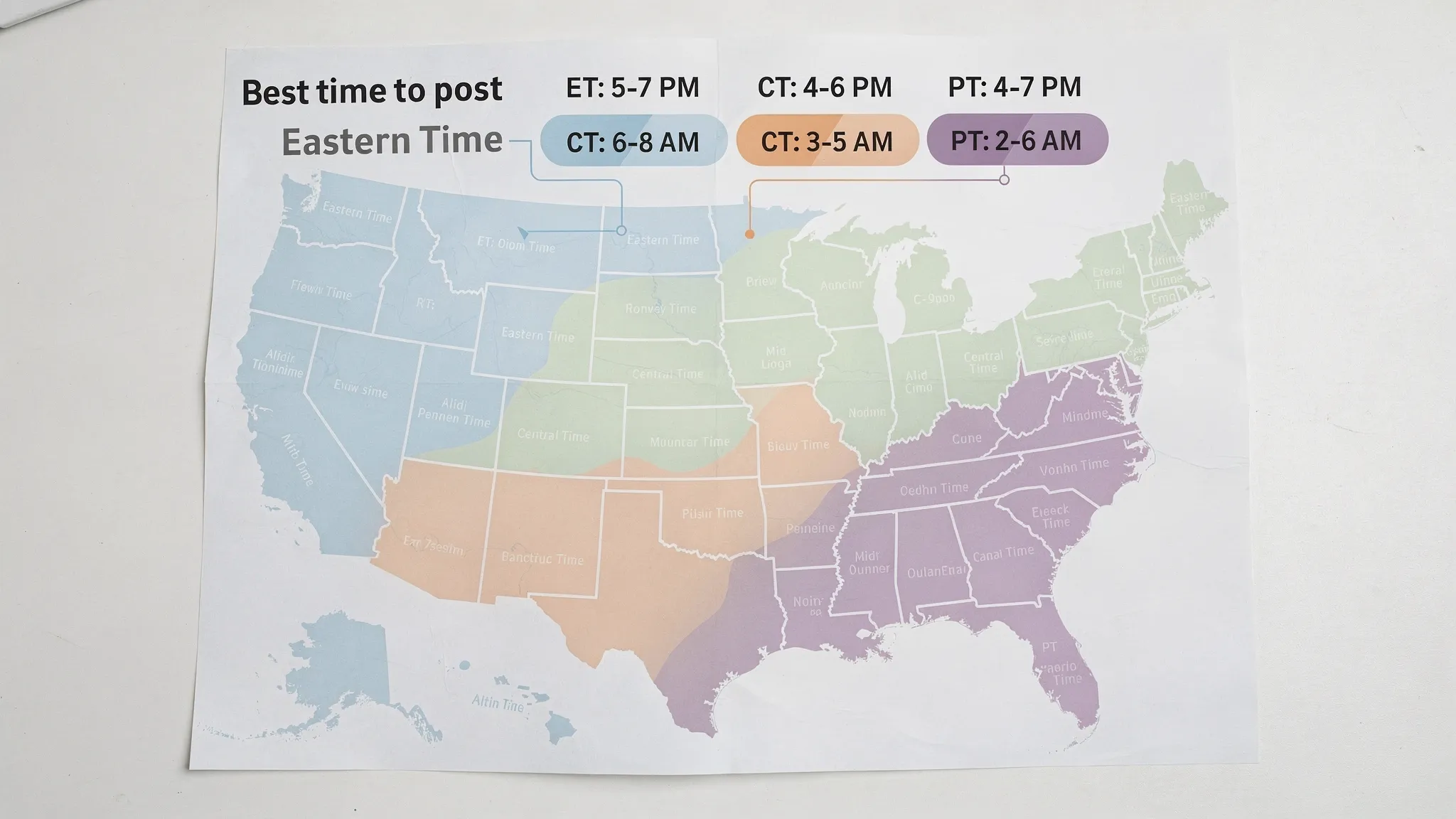 A US map showing Eastern, Central, Mountain, and Pacific time zones with a simple overlay of recommended Instagram posting windows in ET and the equivalent local times.
