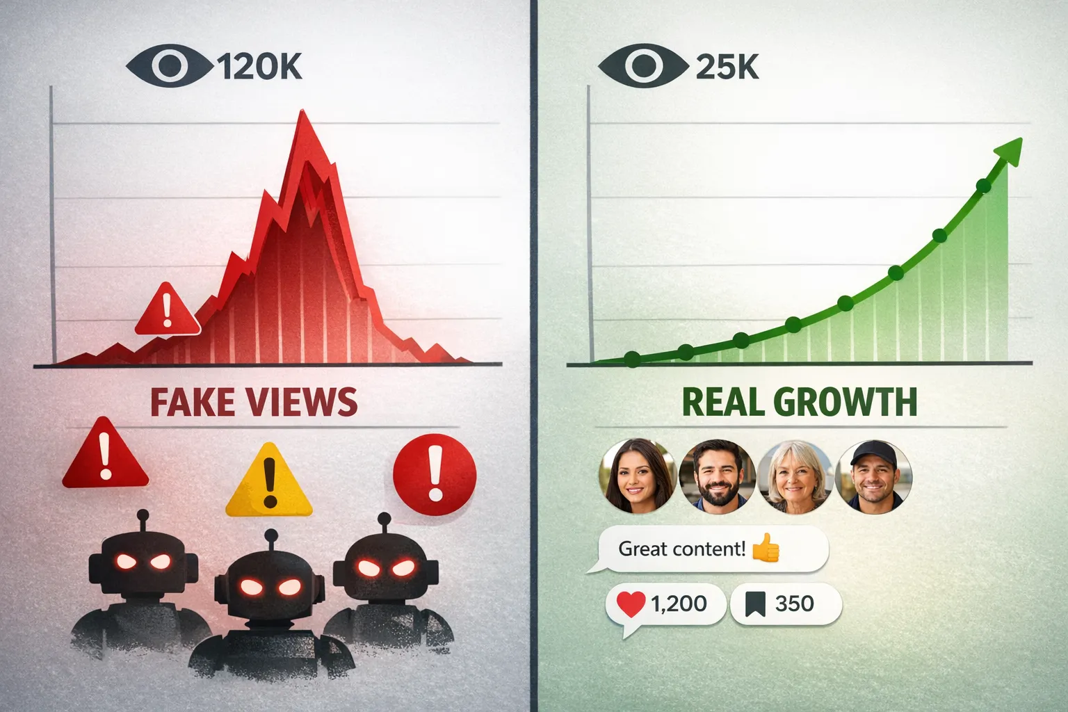 A split-screen illustration showing on the left a fake “view spike” graph with warning icons and bot silhouettes, and on the right a steady organic growth curve with real audience avatars, comments, and saves.