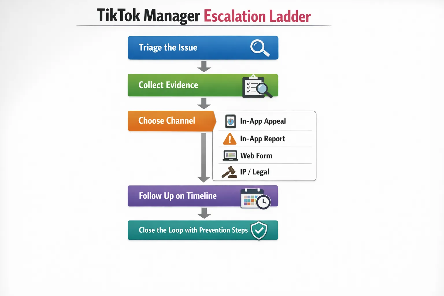 A simple flowchart showing a TikTok manager escalation ladder: triage the issue, collect evidence, choose channel (in-app appeal, in-app report, web form, IP/legal), follow up on a timeline, then close the loop with prevention steps.