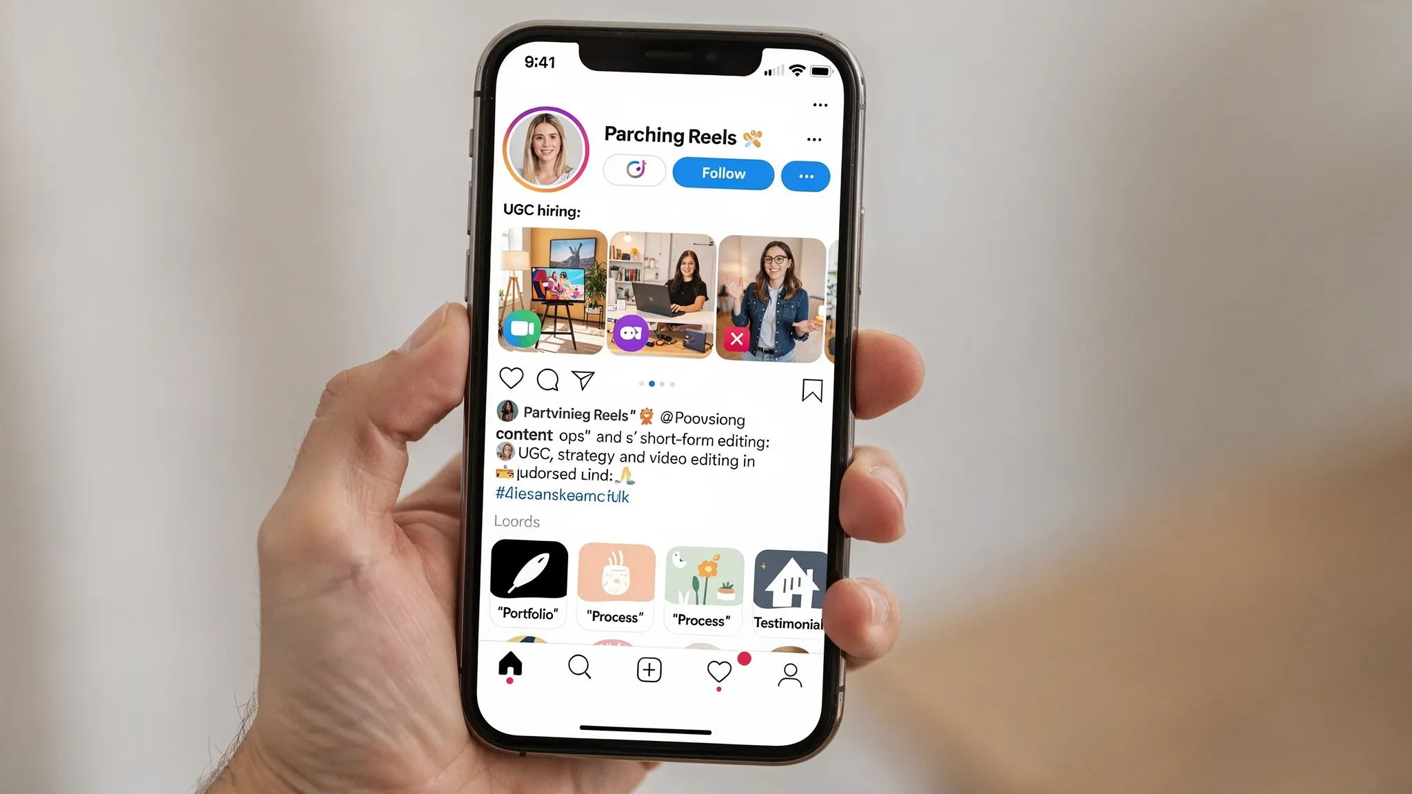 A smartphone showing an Instagram profile optimized for UGC hiring, with pinned Reels, Story Highlights labeled Portfolio, Process, Testimonials, and a clear bio describing content ops and short-form editing.