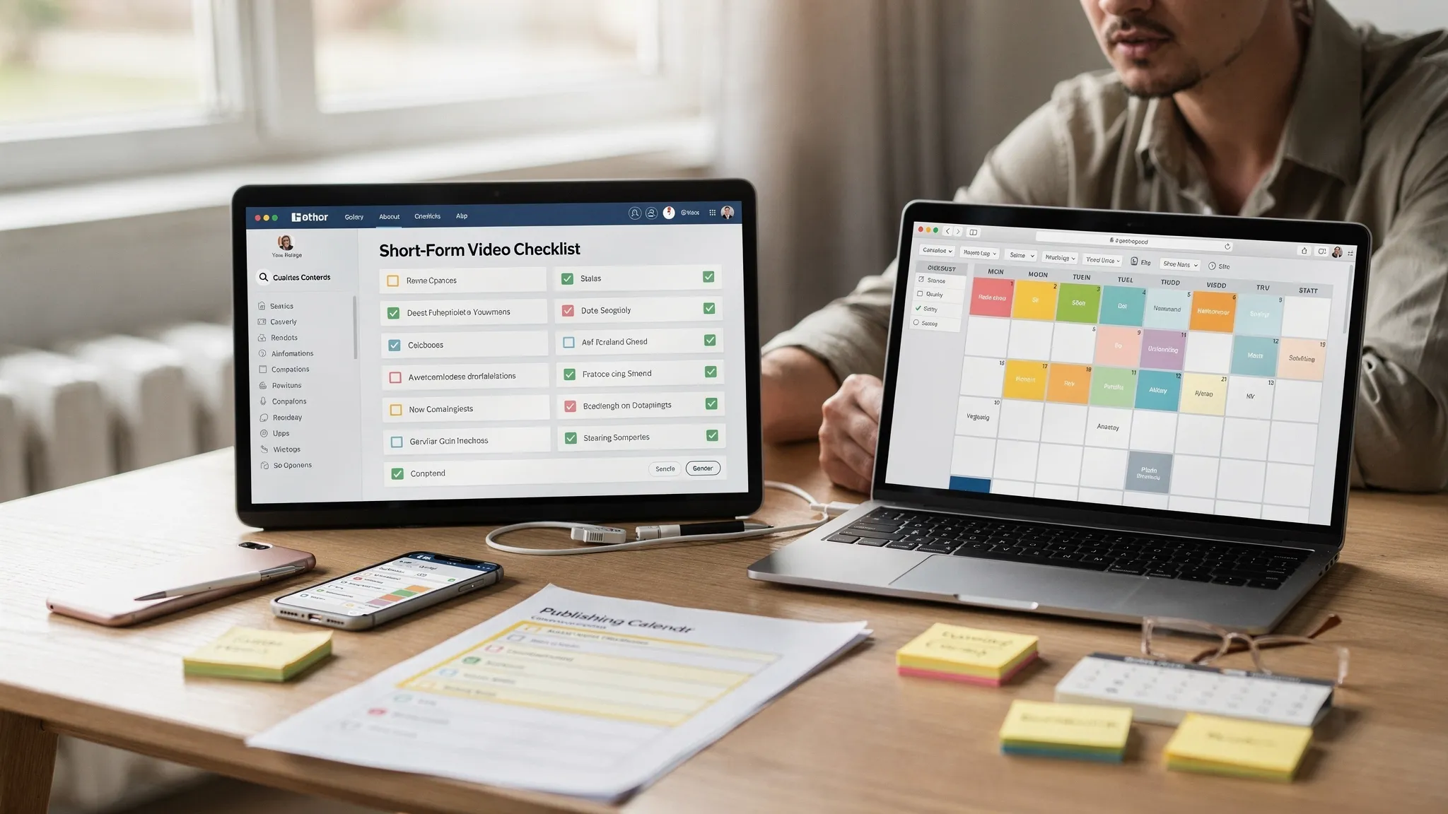A remote content operations manager working at a desk with a laptop and a phone, reviewing a short-form video checklist and a publishing calendar, suggesting scheduling and quality control work.