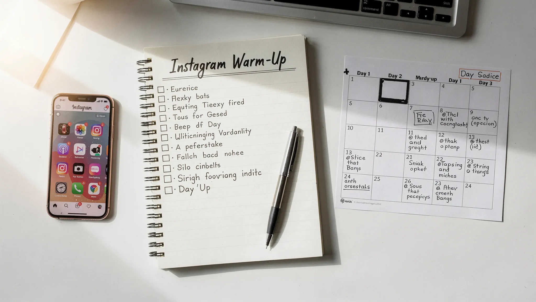 A social media manager workspace with a smartphone, a notebook checklist labeled “Instagram Warm-Up”, and a calendar page showing a 14-day ramp-up plan.