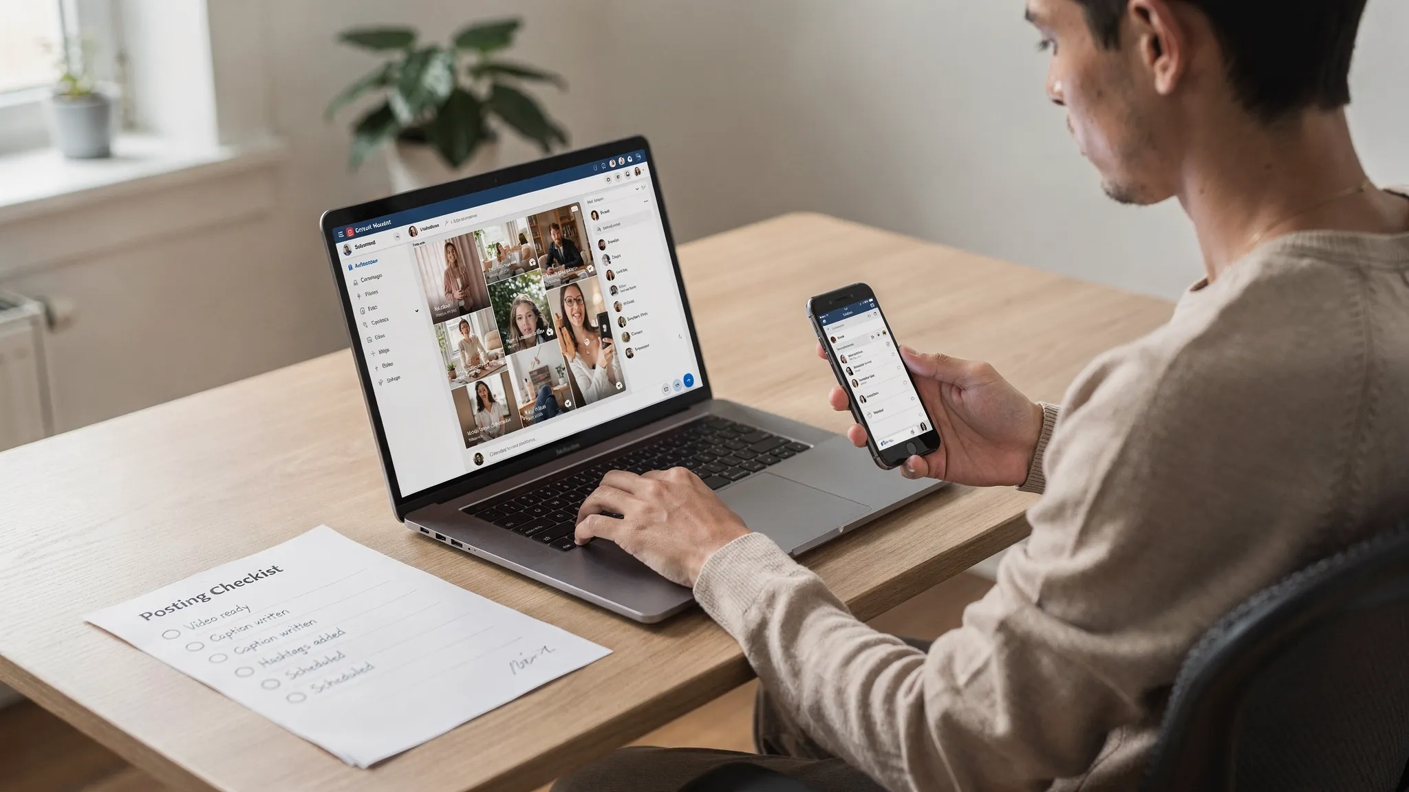 A remote content manager working from a home desk with a laptop and phone, reviewing a queue of short vertical videos and a simple posting checklist on paper. The scene shows a calm work-from-home setup with good lighting and no visible confidential information on screens.