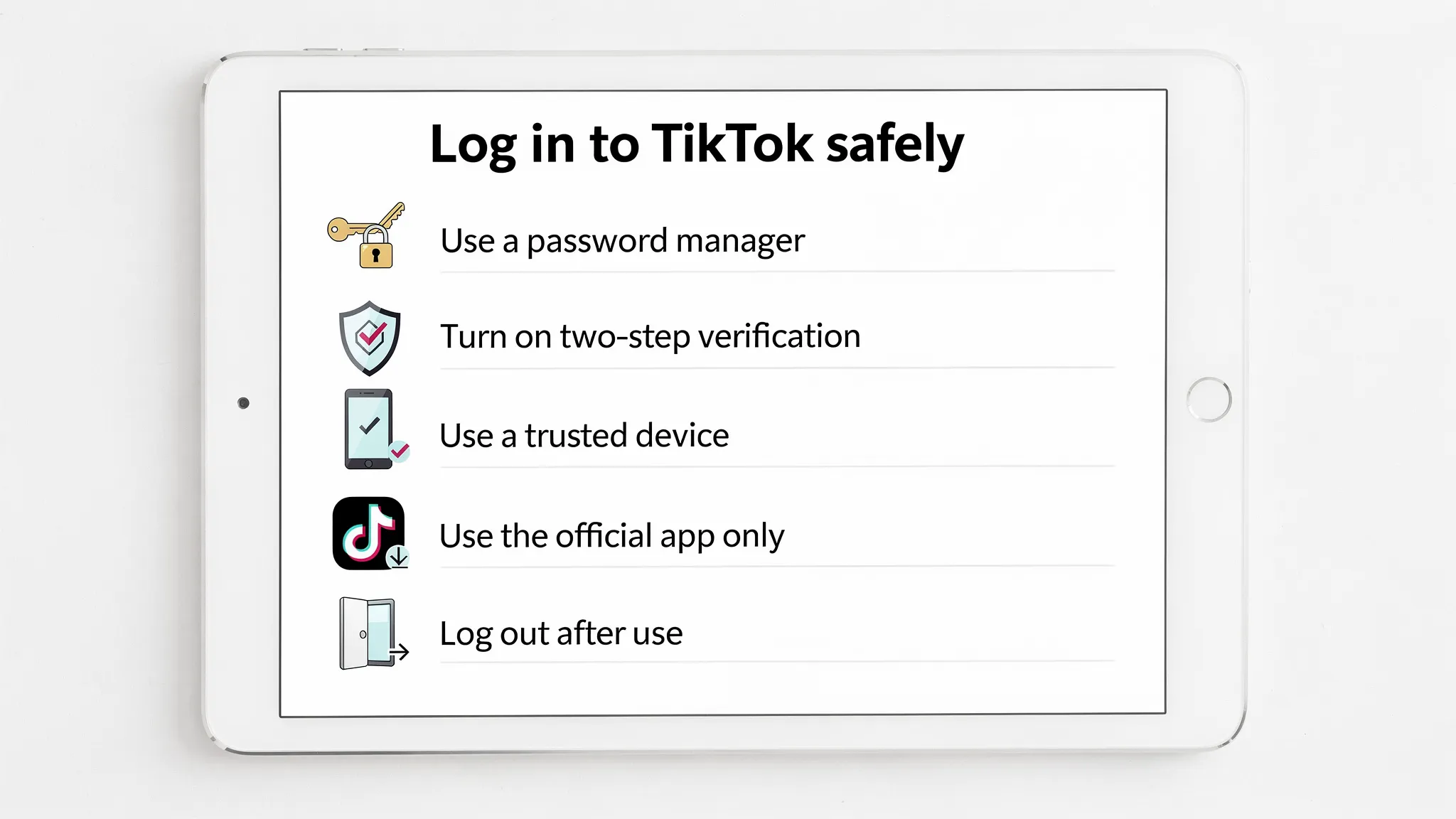 A simple illustrated checklist showing “Log in to TikTok safely” with icons for password manager, two-step verification, trusted device, official app, and logout after use.