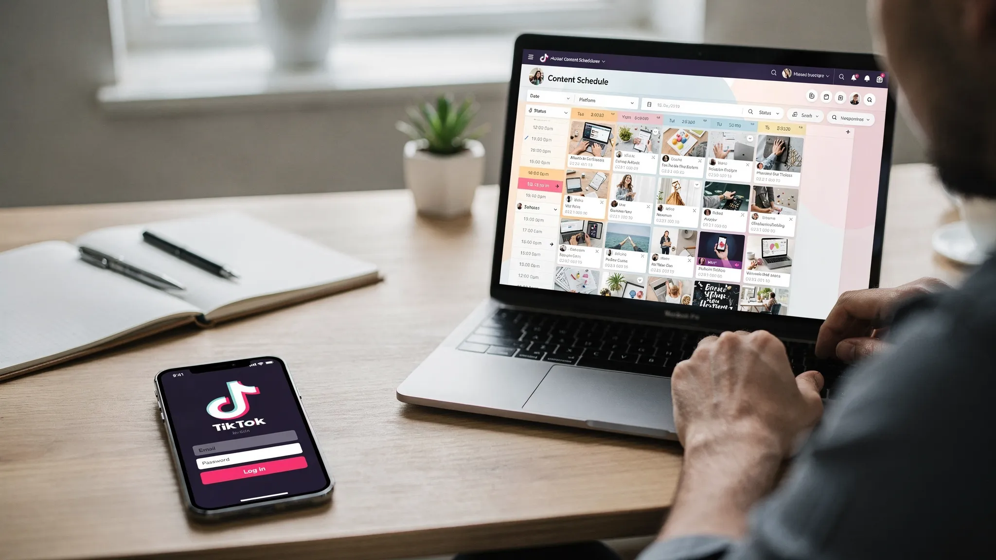 A remote work scene showing a person at a desk with a phone open to a TikTok login screen and a laptop open to a content scheduling dashboard, both screens facing the viewer in a natural orientation.