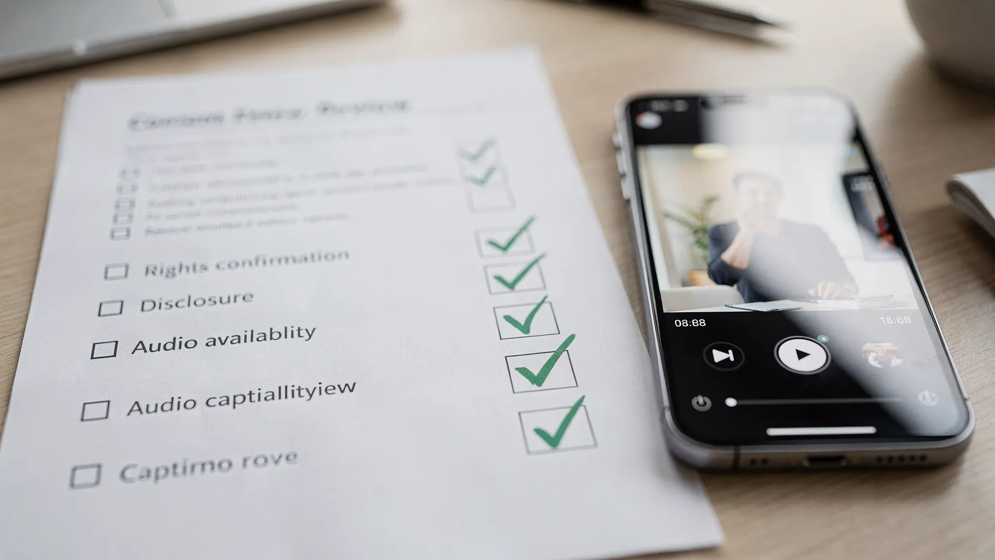 A close-up view of a content review checklist on paper beside a smartphone showing a paused vertical video, with check marks for rights confirmation, disclosure, audio availability, and local caption review.