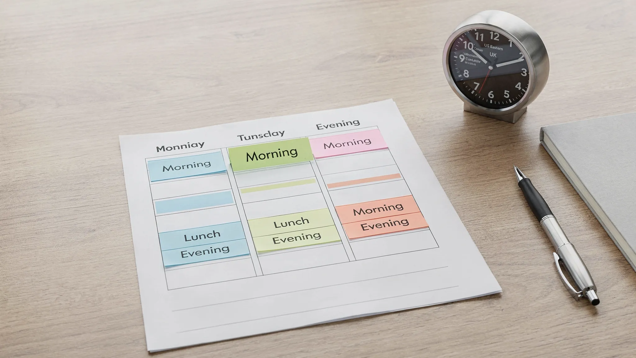 A simple weekly calendar on a desk with three highlighted posting windows labeled Morning, Lunch, and Evening, plus a small world clock showing US Eastern, UK, and Central Europe times.