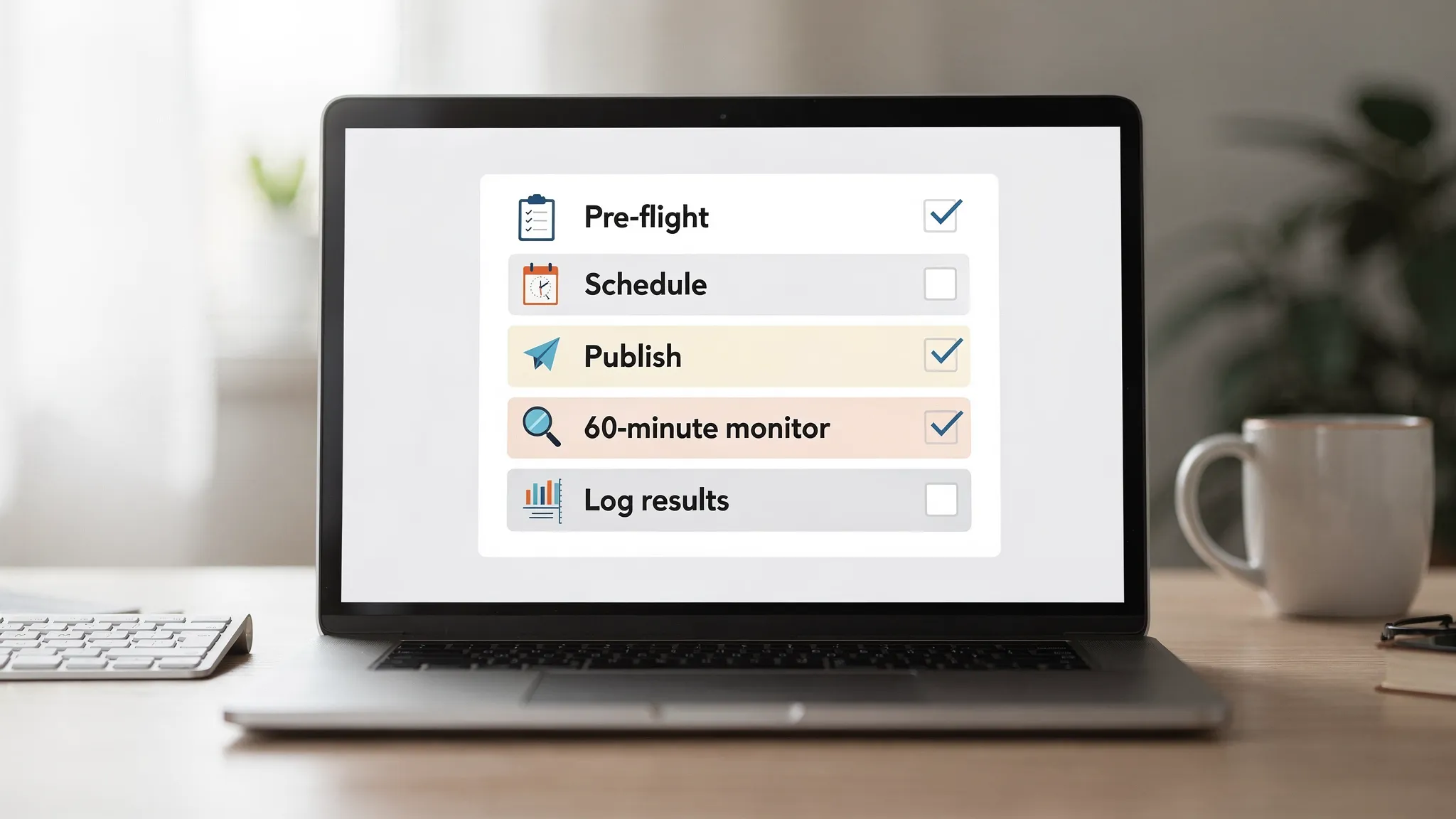 A minimal checklist graphic showing a TikTok manager workflow: Pre-flight, Schedule, Publish, 60-minute monitor, Log results, with small icons for each step.