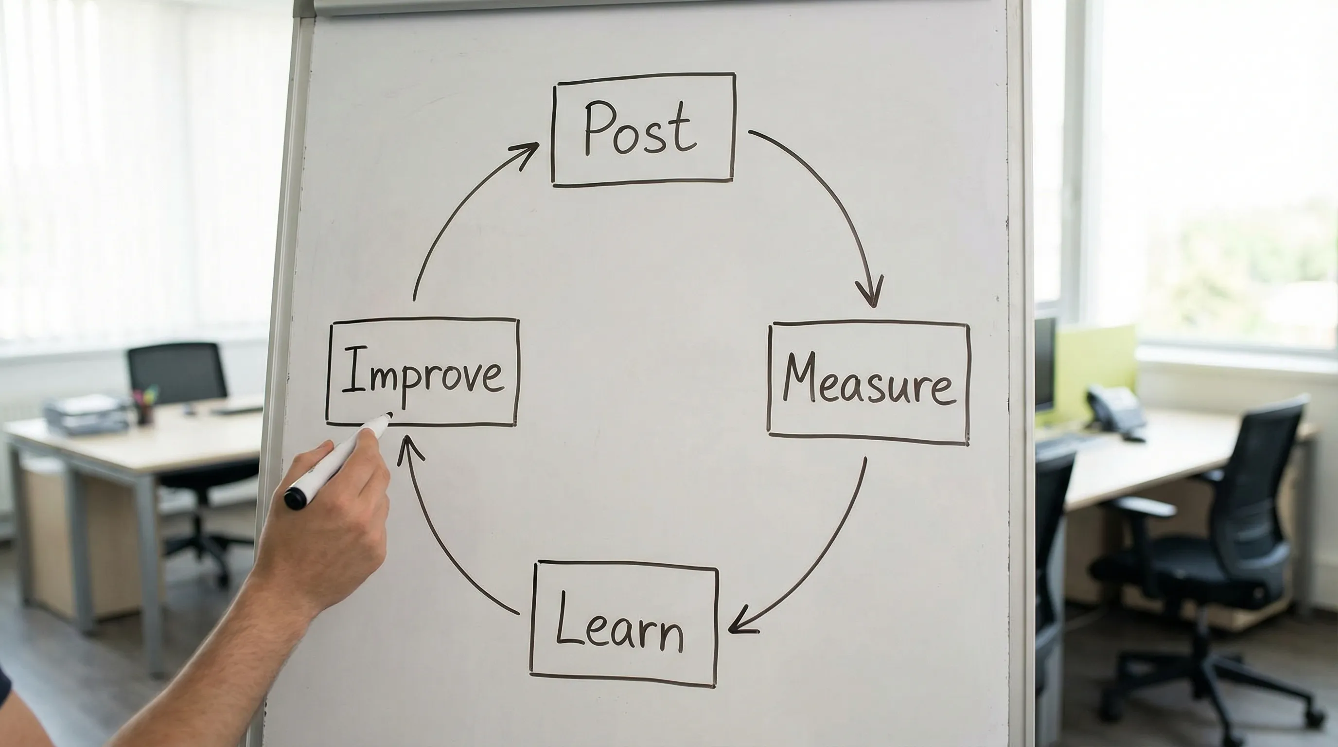 A simple diagram showing a TikTok content feedback loop with four labeled steps in a circle: Post, Measure, Learn, Improve.
