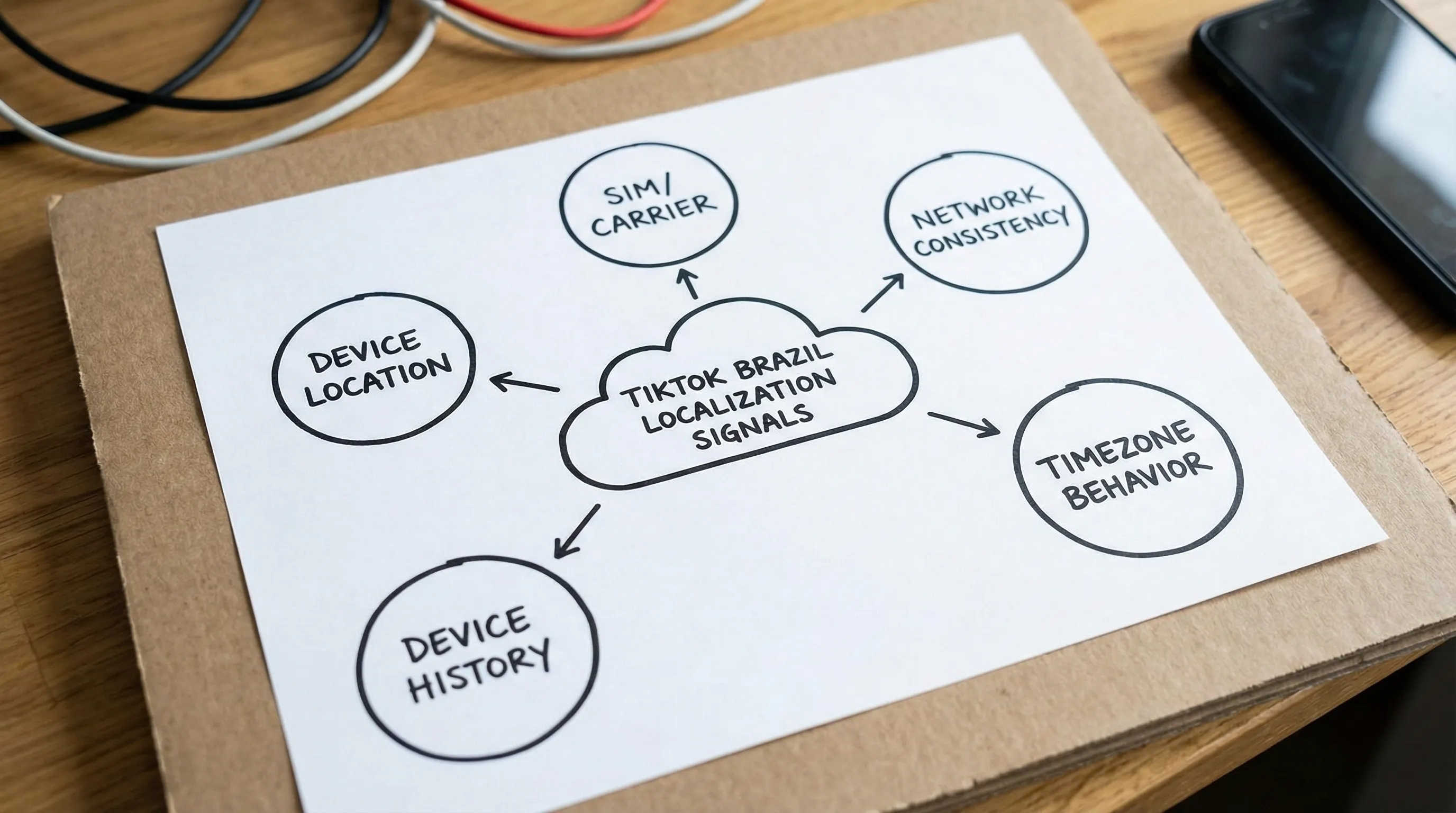 Simple diagram showing TikTok’s Brazil localization signals as five connected nodes: device location, SIM/carrier, network consistency, device history, and timezone behavior.