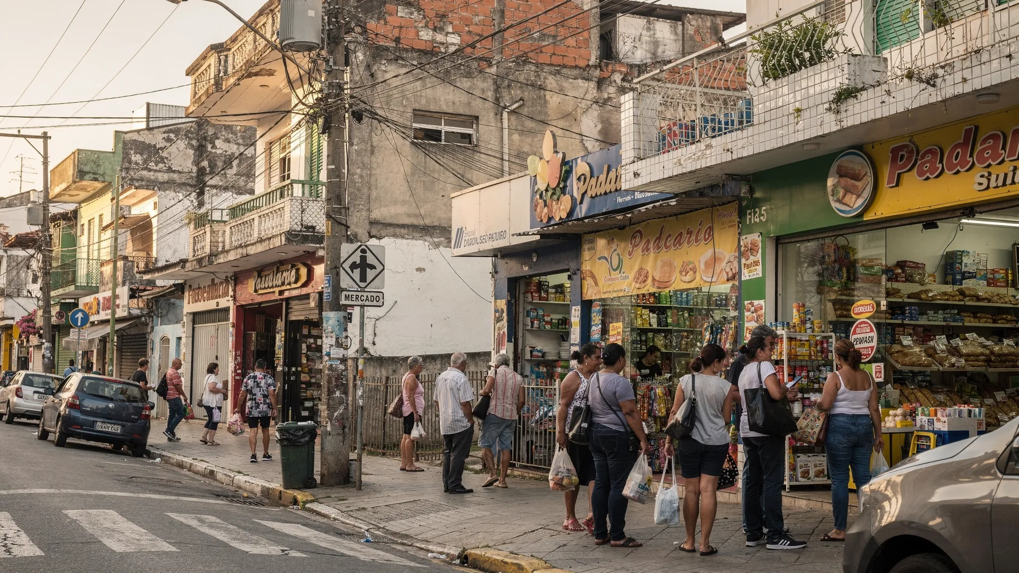 A realistic scene of a São Paulo street with local shops and people, representing Brazilian local audience context without any visible app screens.