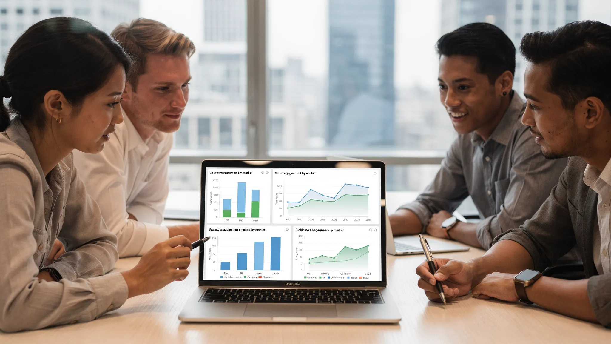 A marketing team reviewing performance of multiple TikTok and Instagram accounts across different countries on a single unified analytics dashboard, with charts for views and engagement by market; the laptop screen is facing the viewer and shows generic, non-branded graphs.