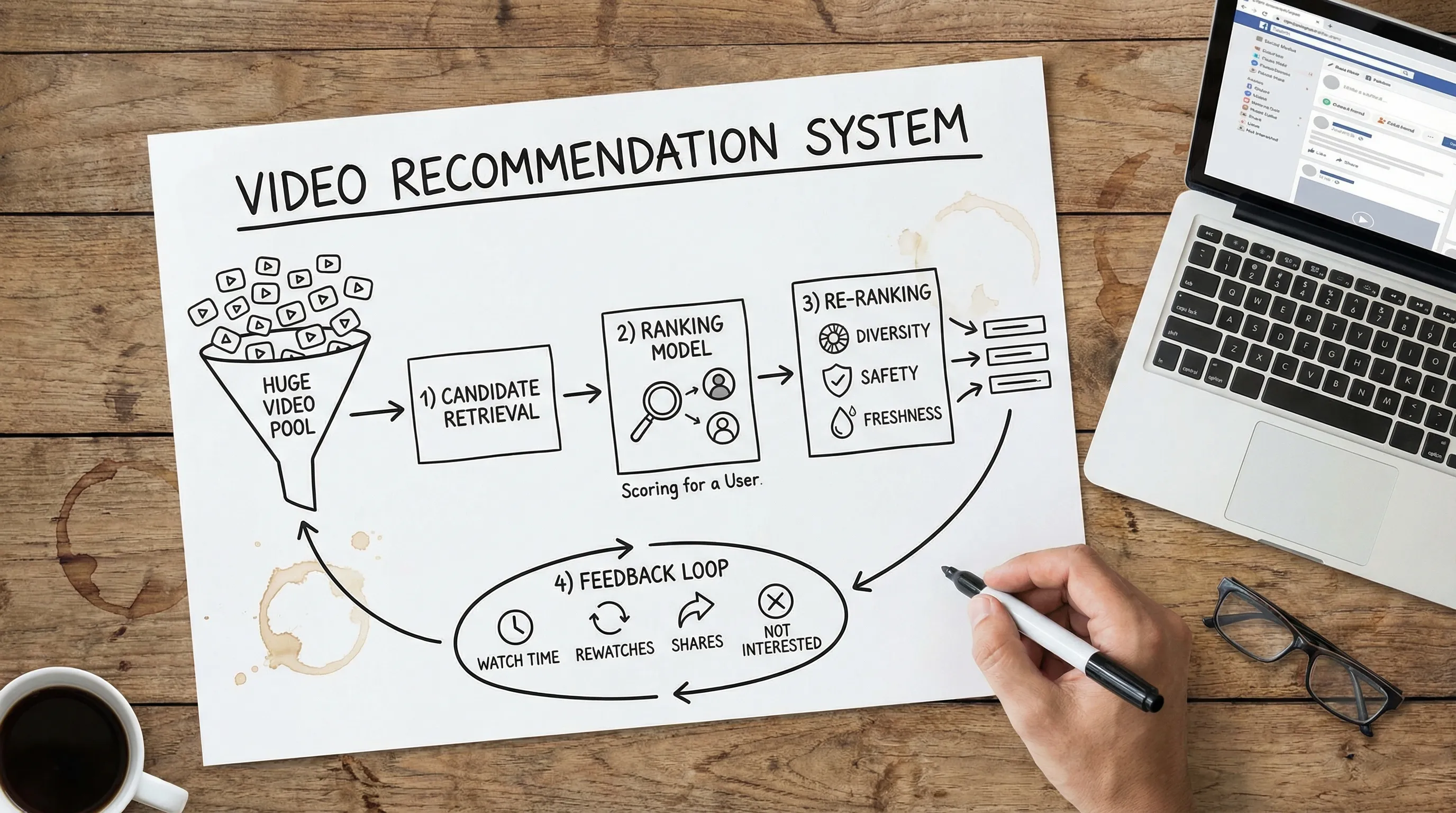 A simple four-step diagram of a short-form video recommendation system: 1) Candidate retrieval from a huge video pool, 2) Ranking model scoring videos for a user, 3) Re-ranking with diversity, safety, and freshness constraints, 4) Feedback loop using watch time, rewatches, shares, and “not interested” to update the system.