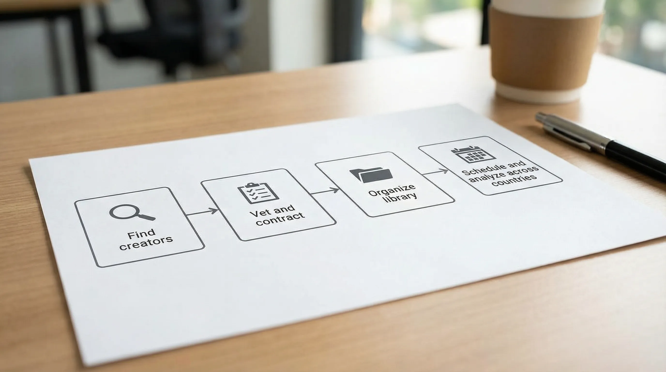 A simple workflow diagram with four labeled boxes connected left to right: Find creators, Vet and contract, Organize library, Schedule and analyze across countries. Each box includes small icons like a magnifying glass, checklist, folder, and calendar chart.