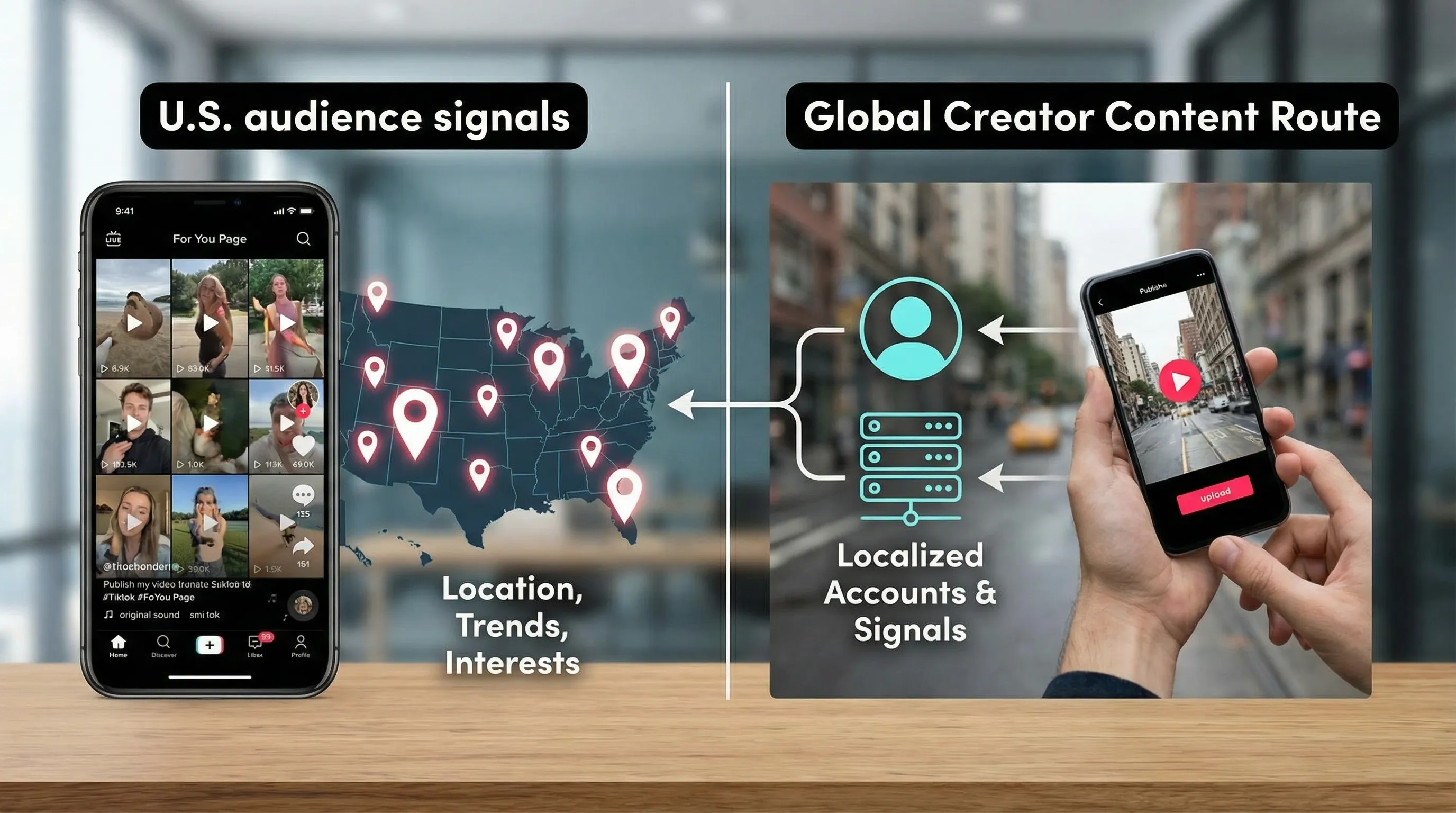 A split-screen style illustration: on the left, a TikTok For You Page feed labeled “U.S. audience signals” with location pins on a map of the United States; on the right, a creator publishing content from another country with arrows showing how localized accounts and signals help route content into the U.S. feed.