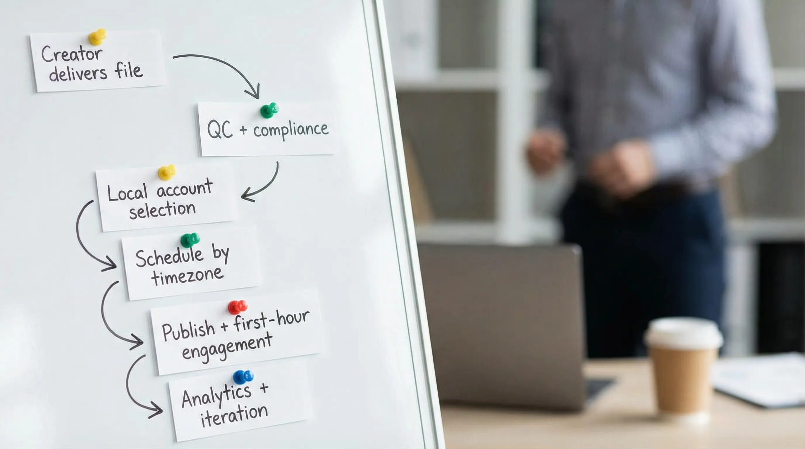 A simple workflow illustration showing the UGC posting pipeline from “Creator delivers file” to “QC + compliance” to “Local account selection” to “Schedule by timezone” to “Publish + first-hour engagement” to “Analytics + iteration.”