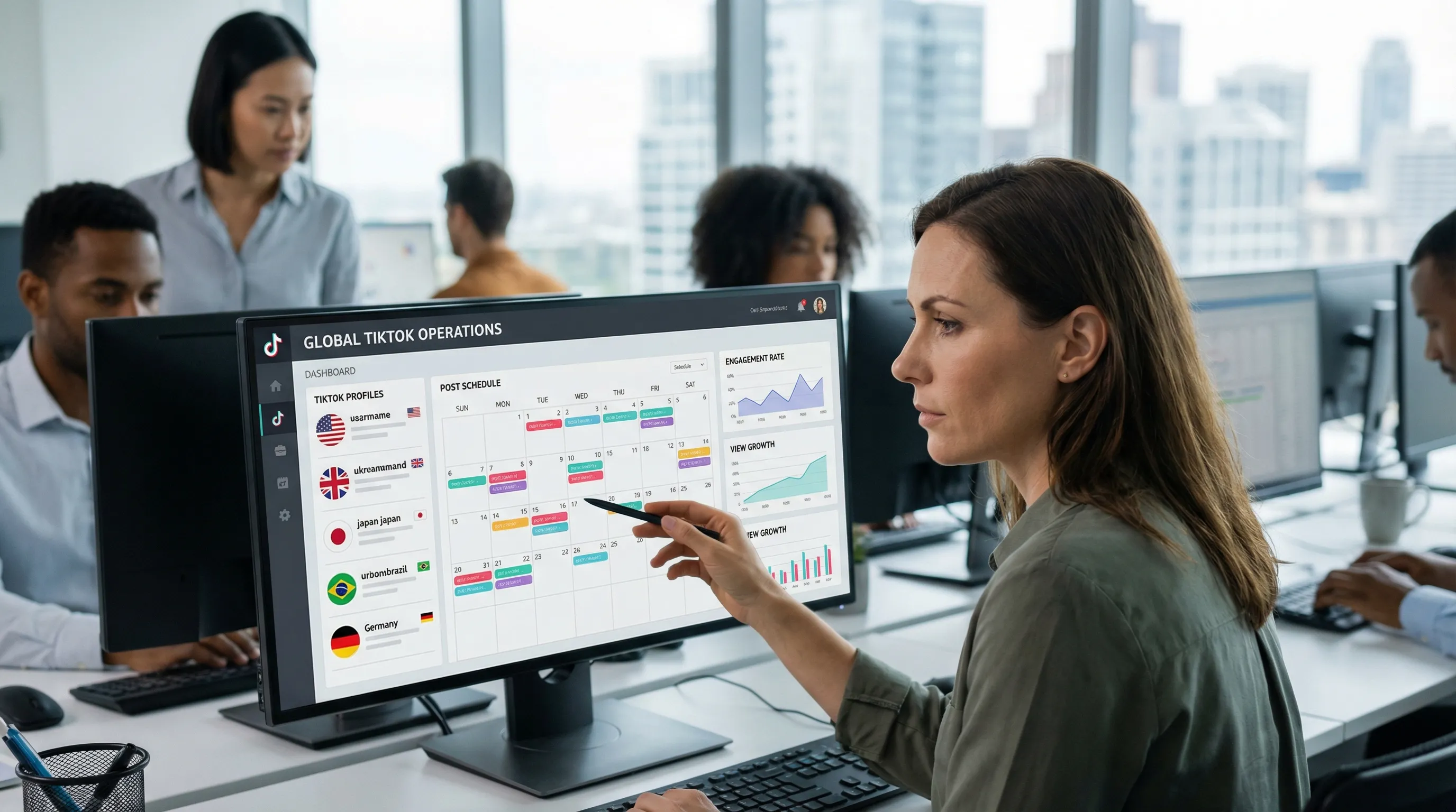 A global social media operations scene showing a marketer reviewing a single unified dashboard with multiple TikTok accounts, country flags, a posting calendar, and high-level analytics charts.