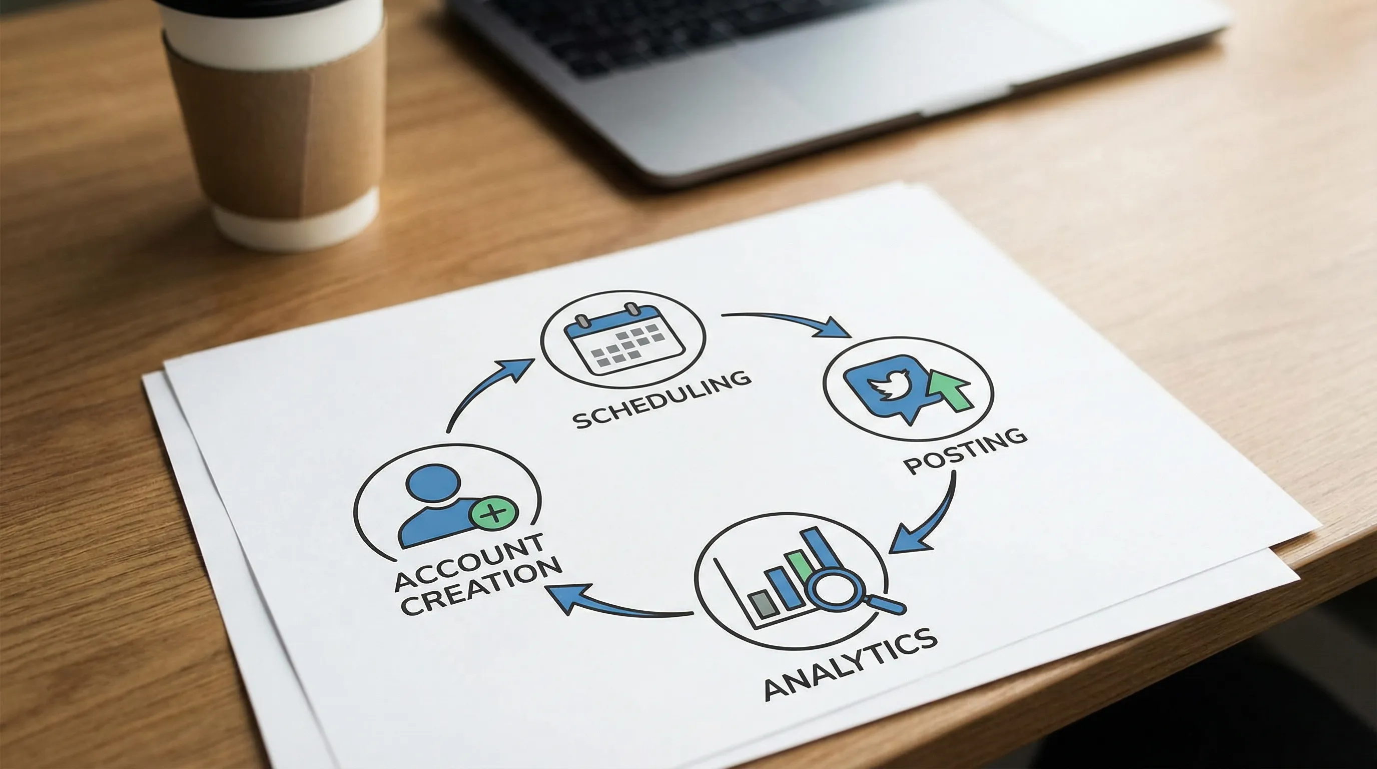 A clean workflow illustration showing four stages in a loop: account creation, scheduling, posting, and analytics, represented as simple labeled icons connected in a circle.