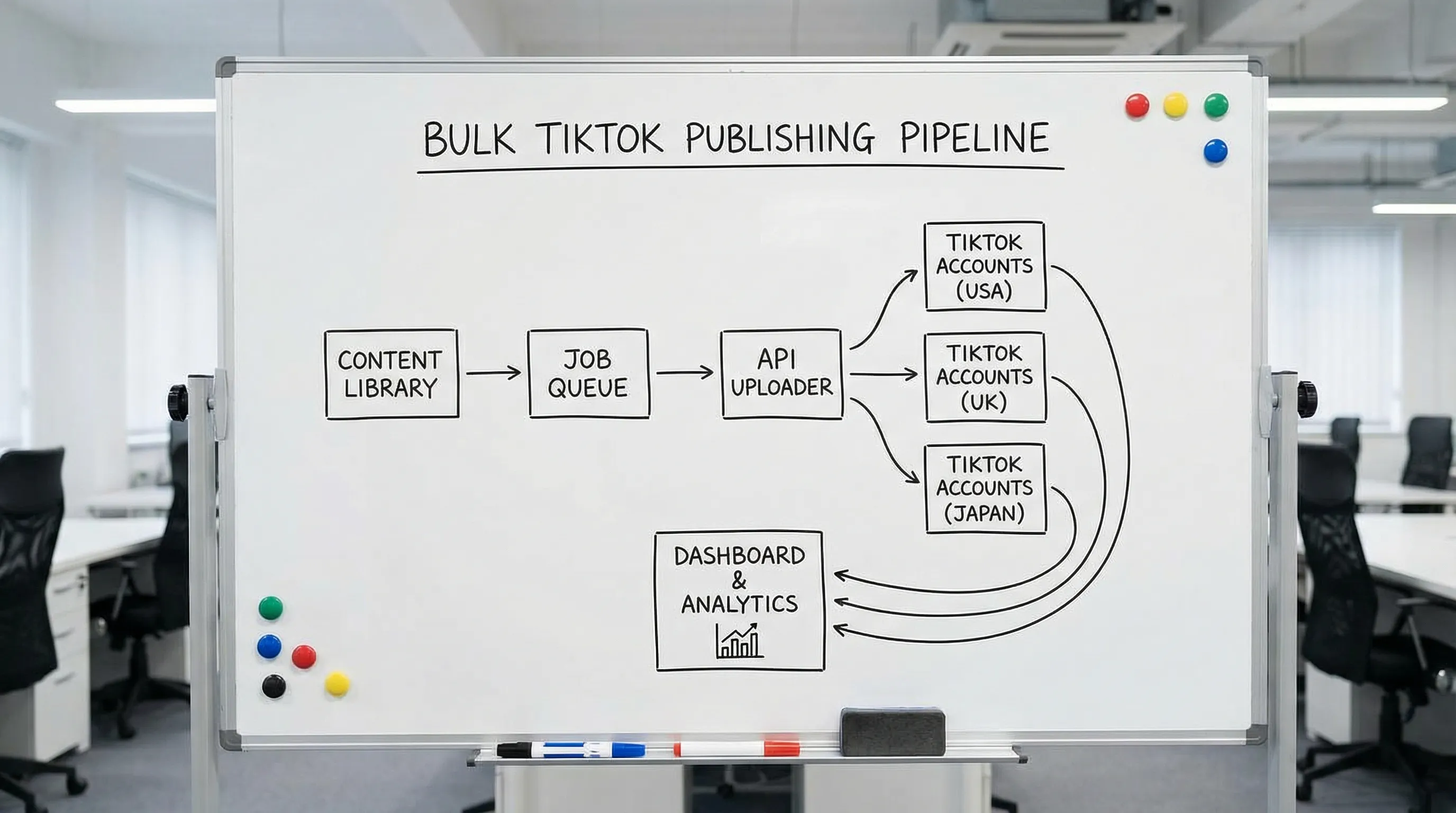 Simple workflow diagram showing a bulk TikTok publishing pipeline: content library feeds a job queue, then an API uploader, then TikTok accounts in multiple countries, with analytics flowing back into a dashboard.