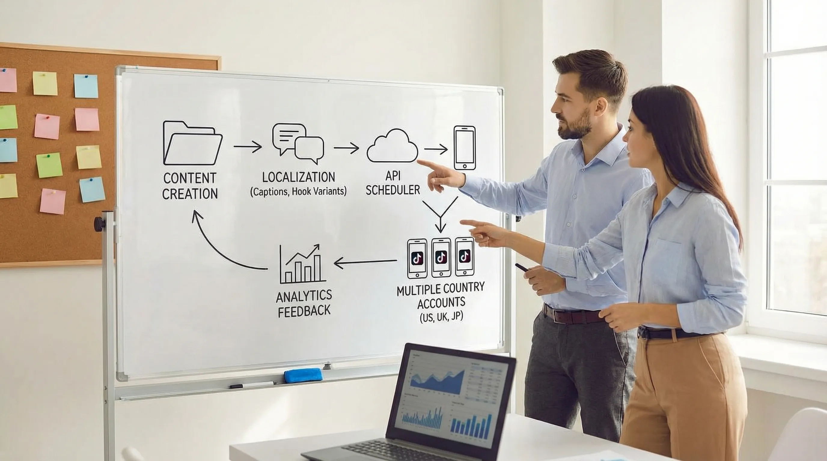 Simple workflow diagram showing a short-form content pipeline: content creation folder, localization step (captions and hook variants), API scheduler posting to multiple country TikTok accounts on real devices, analytics feedback loop informing the next batch.
