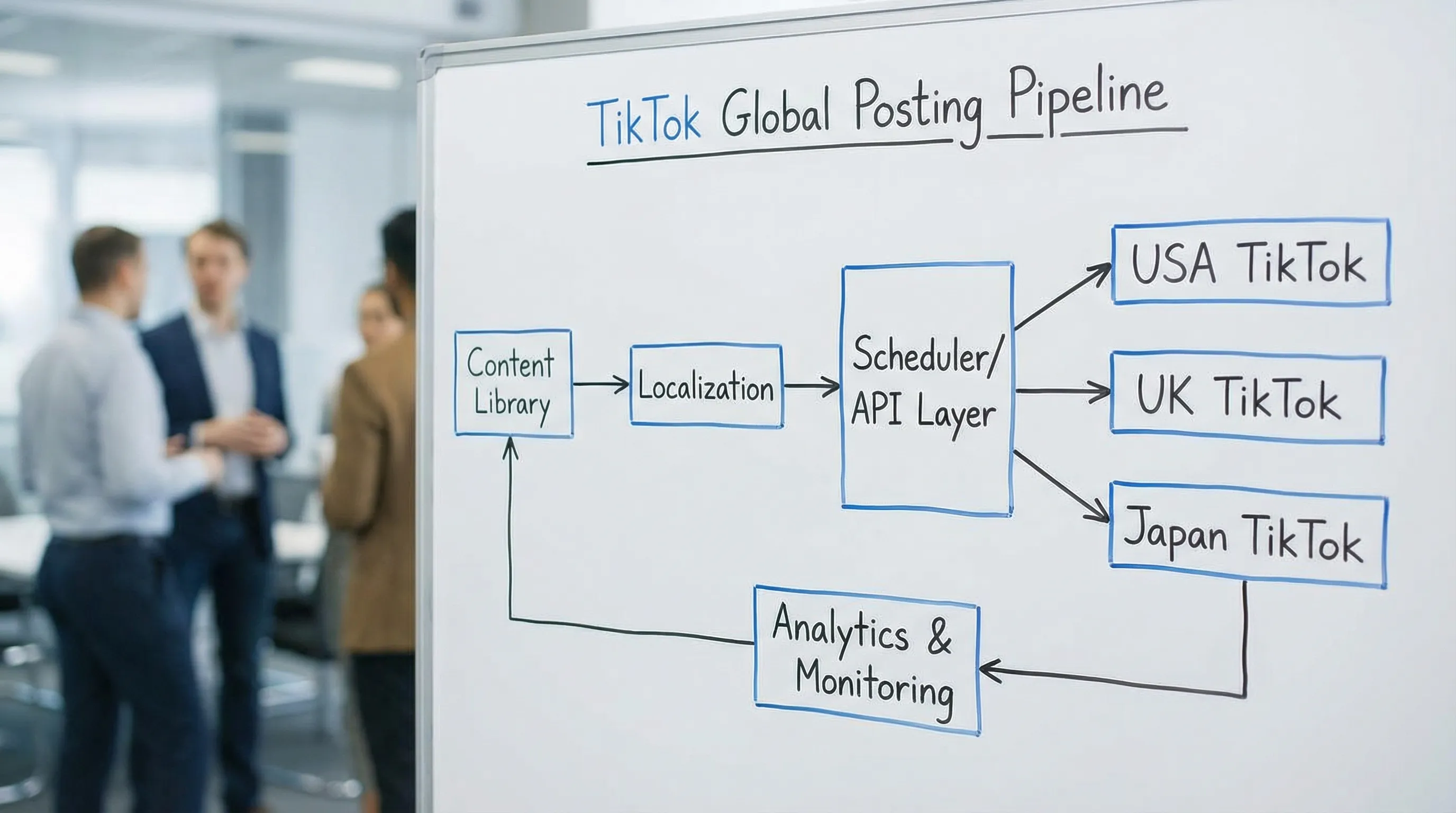 Simple architecture diagram showing a multi-country TikTok posting pipeline: Content library feeds Localization step, then Scheduler/API layer, then Country-specific TikTok accounts, with Analytics and Monitoring feeding back into the content library.