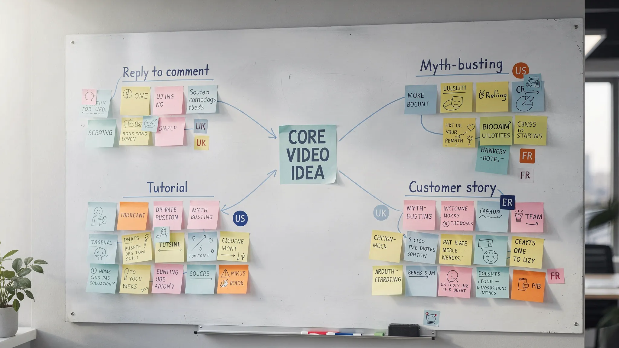 A content planning wall with sticky notes showing one core video idea branching into multiple unique variations like reply-to-comment, myth-busting, tutorial, and customer story, with country tags such as US, UK, FR.
