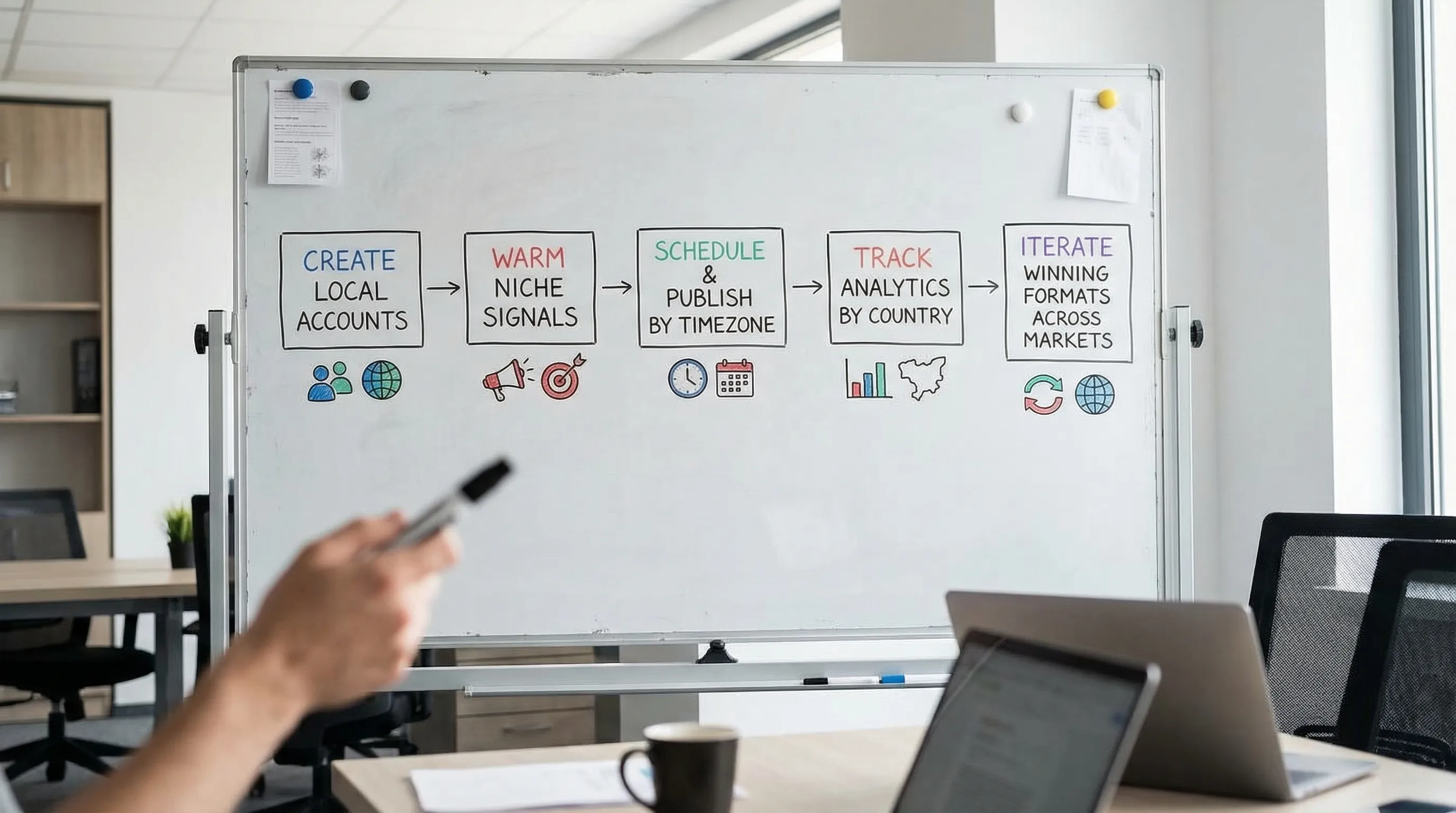 A simple five-step workflow diagram showing: Create local accounts, Warm niche signals, Schedule and publish by timezone, Track analytics by country, Iterate winning formats across markets.