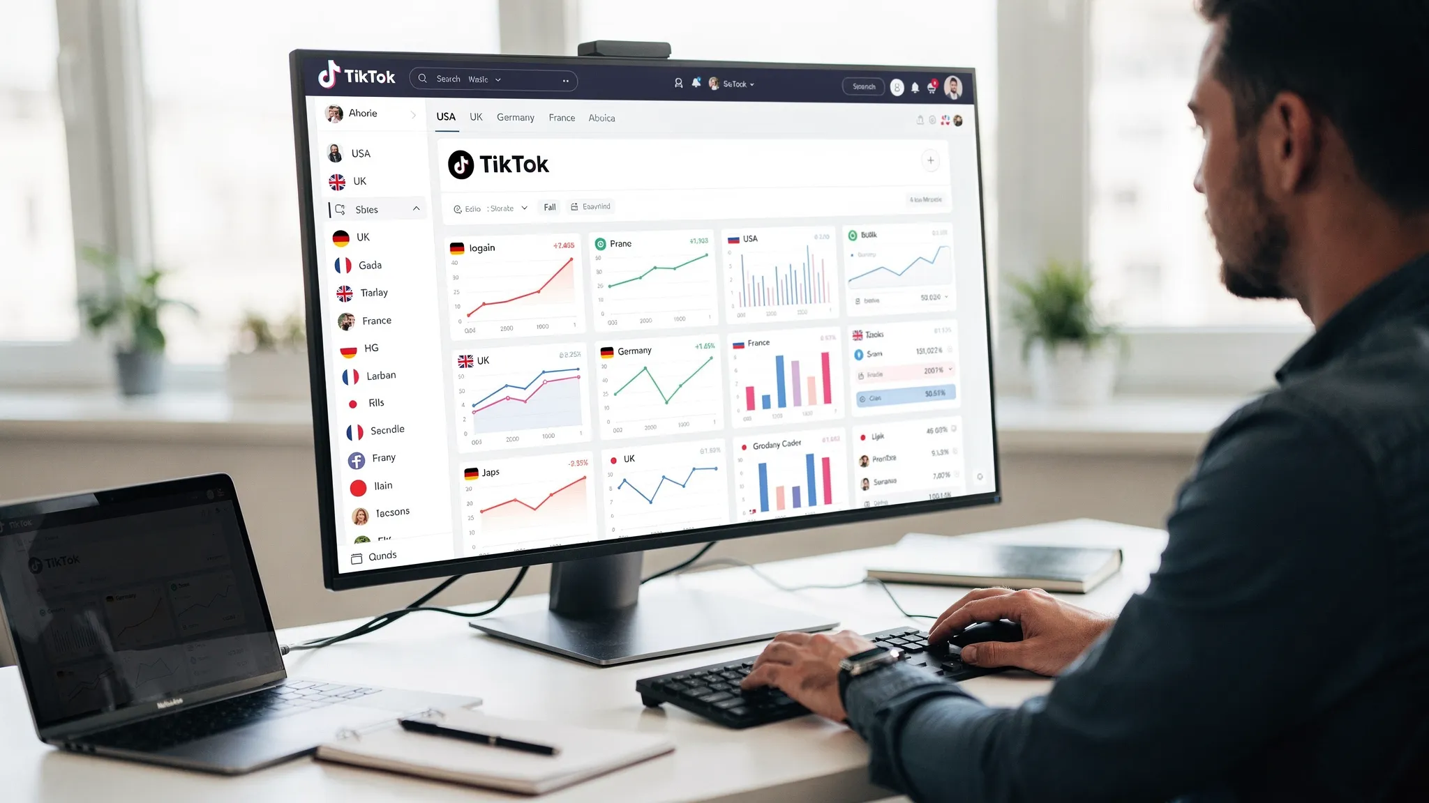 A marketer at a desk managing many country TikTok accounts from a single unified dashboard, with small country labels and performance charts visible on the monitor, screen facing the viewer correctly.