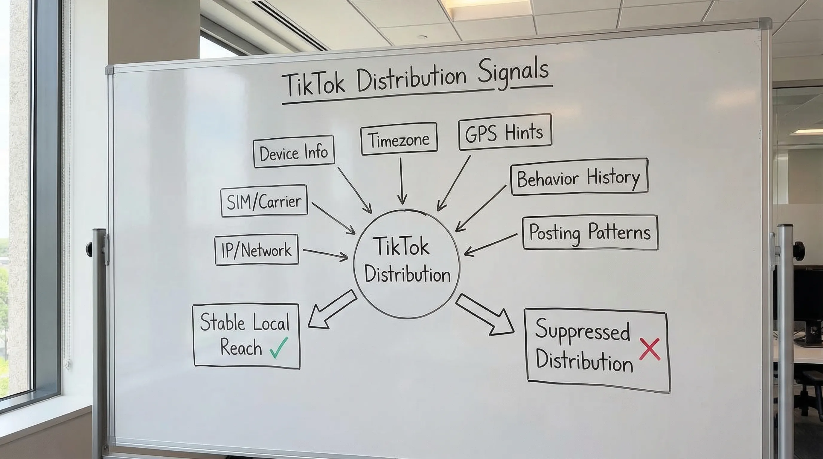 A simple diagram showing TikTok geo and trust signals feeding into distribution: device, SIM/carrier, IP/network, timezone, GPS hints, behavior history, and posting patterns leading to “stable local reach” or “suppressed distribution.”