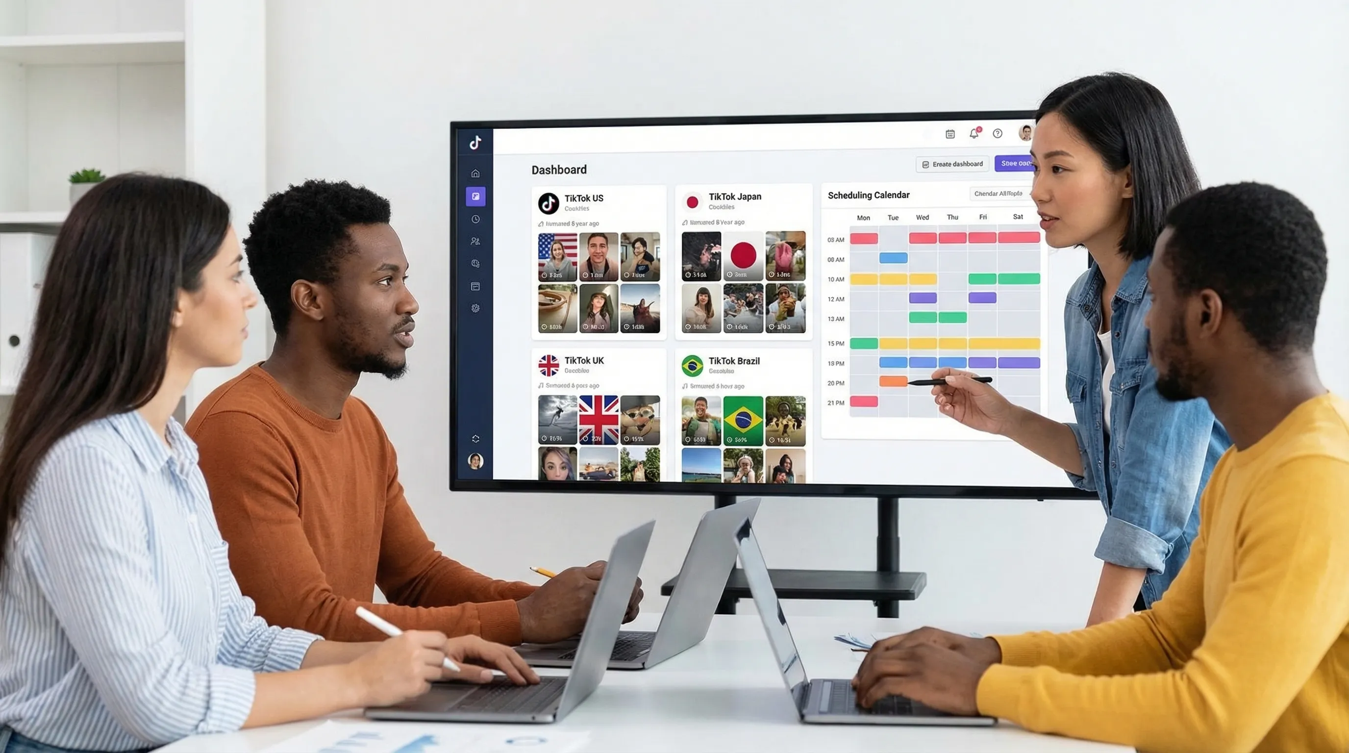 A marketing team managing multiple TikTok accounts across different countries from one unified dashboard, with clear country labels and a scheduling calendar visible, no specific brand UI shown.